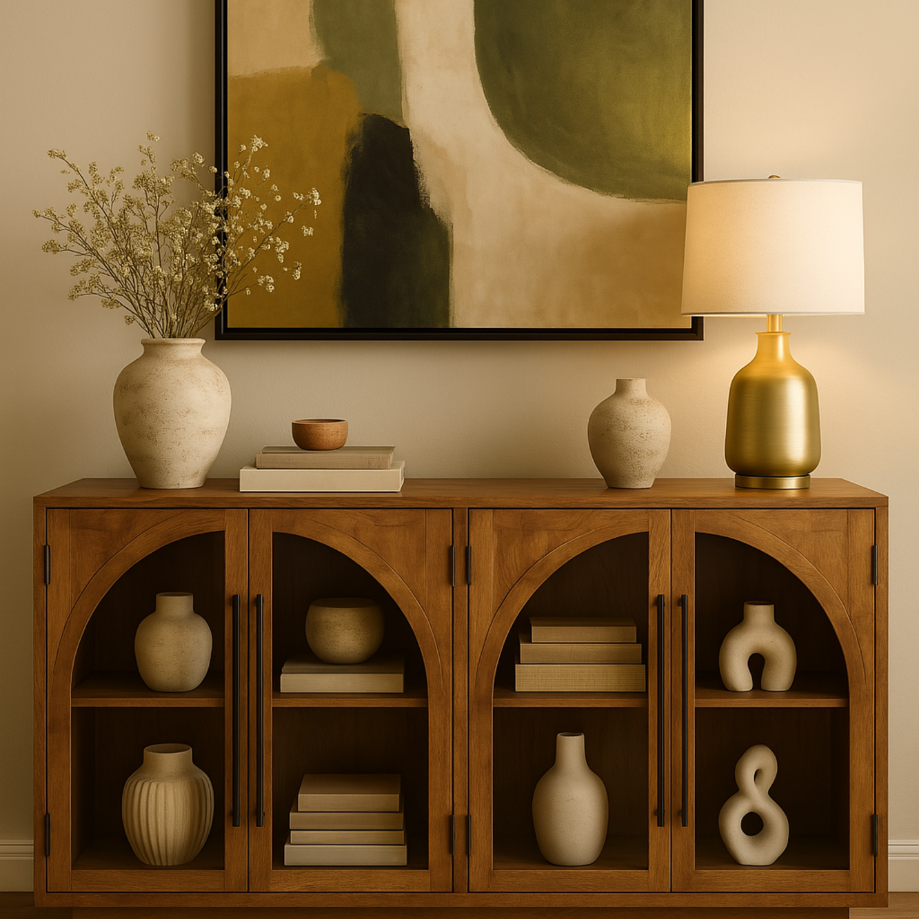 Brown Mango Wood Arched Glass Front 4 Door and 2 Shelf Media Credenza Sideboard with Extended Black Rod Handles