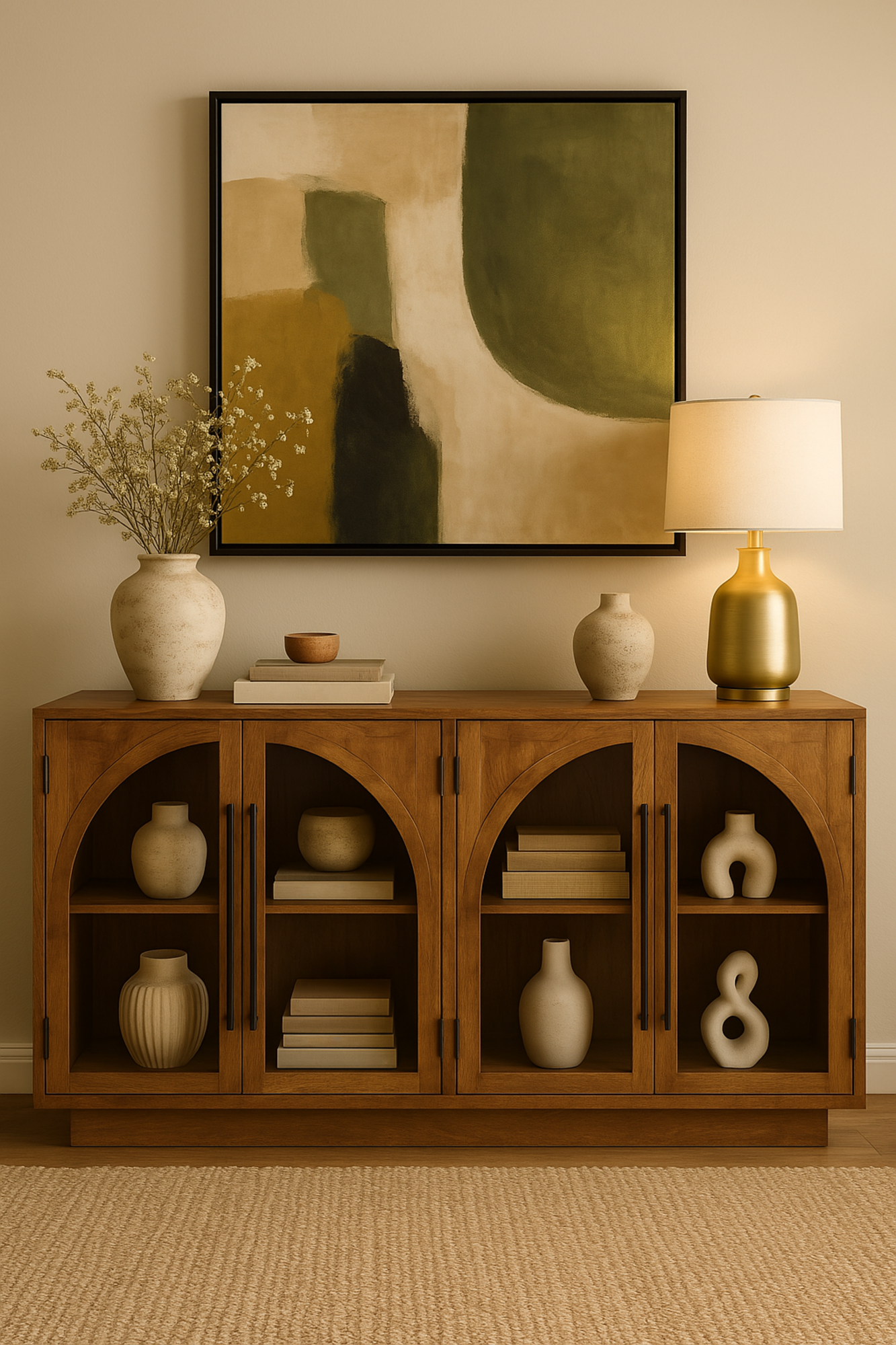 Brown Mango Wood Arched Glass Front 4 Door and 2 Shelf Media Credenza Sideboard with Extended Black Rod Handles