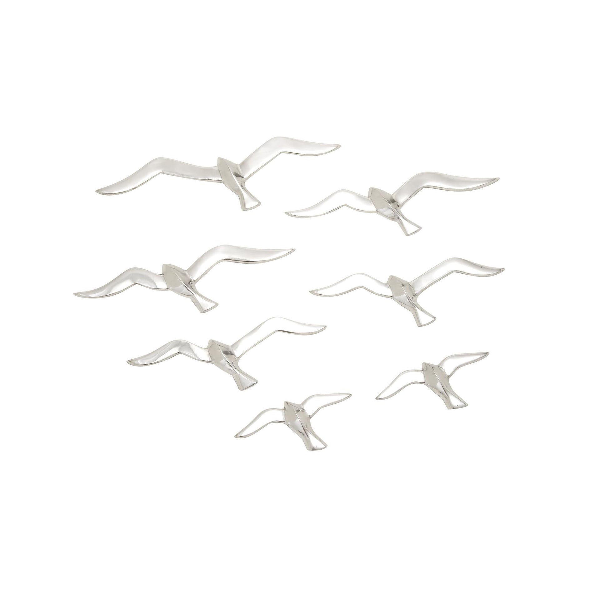 Set of 7 Bird Silver Aluminum Metal Floating Flock of Home Wall Decor