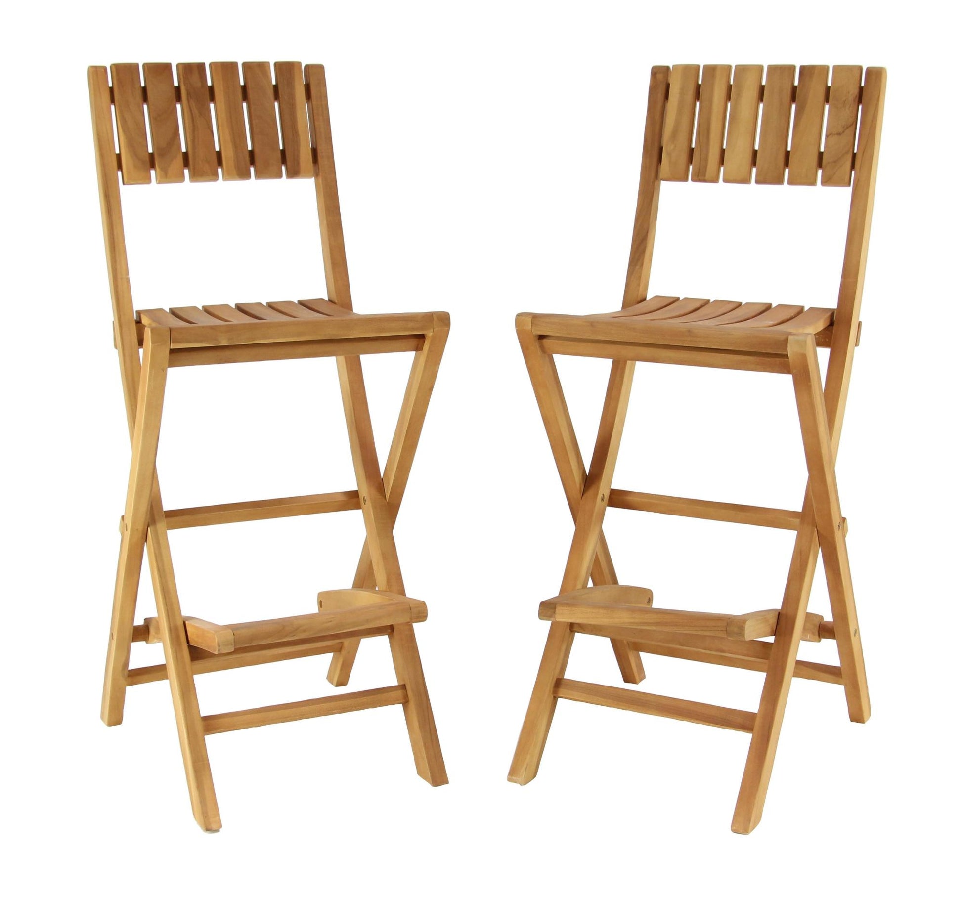 Set of 2 Brown Teak Wood Indoor Outdoor Slatted Folding Kitchen Bar Stool with Footrest
