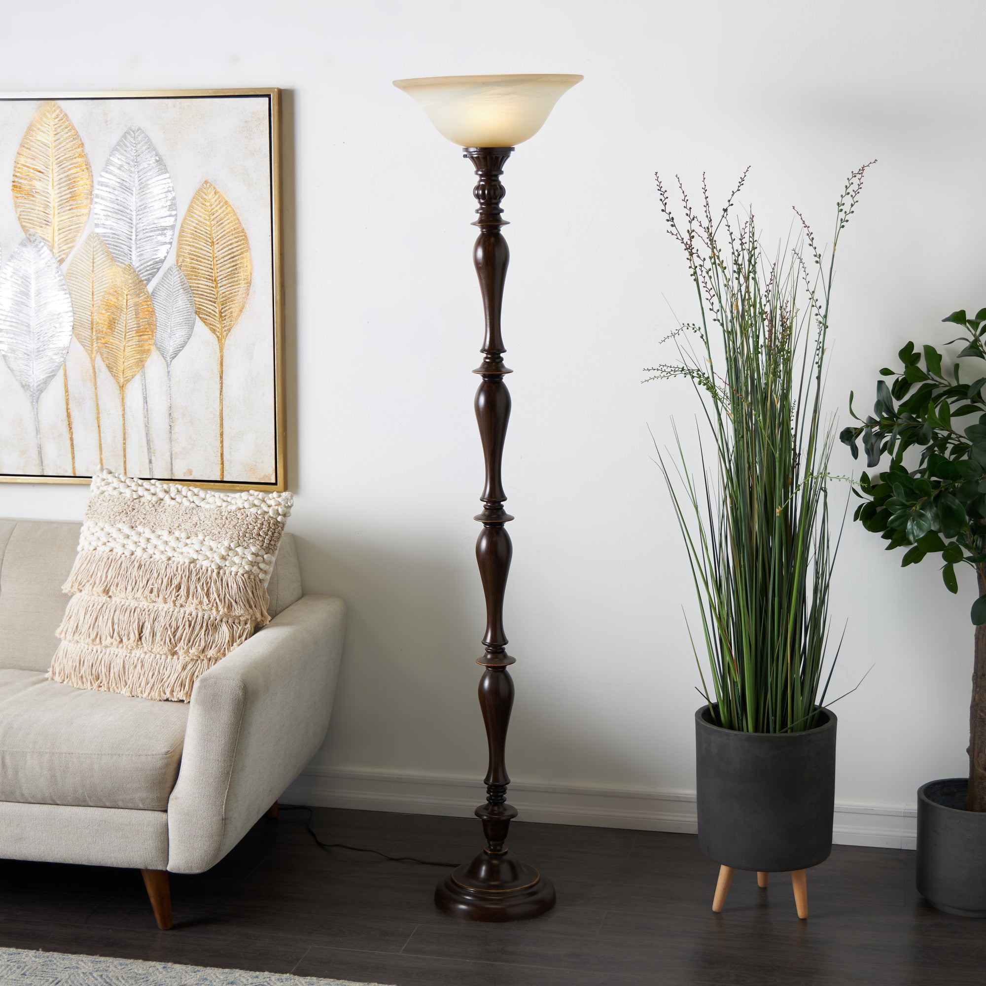 Brown Polystone Antique Style Turned Room Torchiere with Cream Glass Shade
