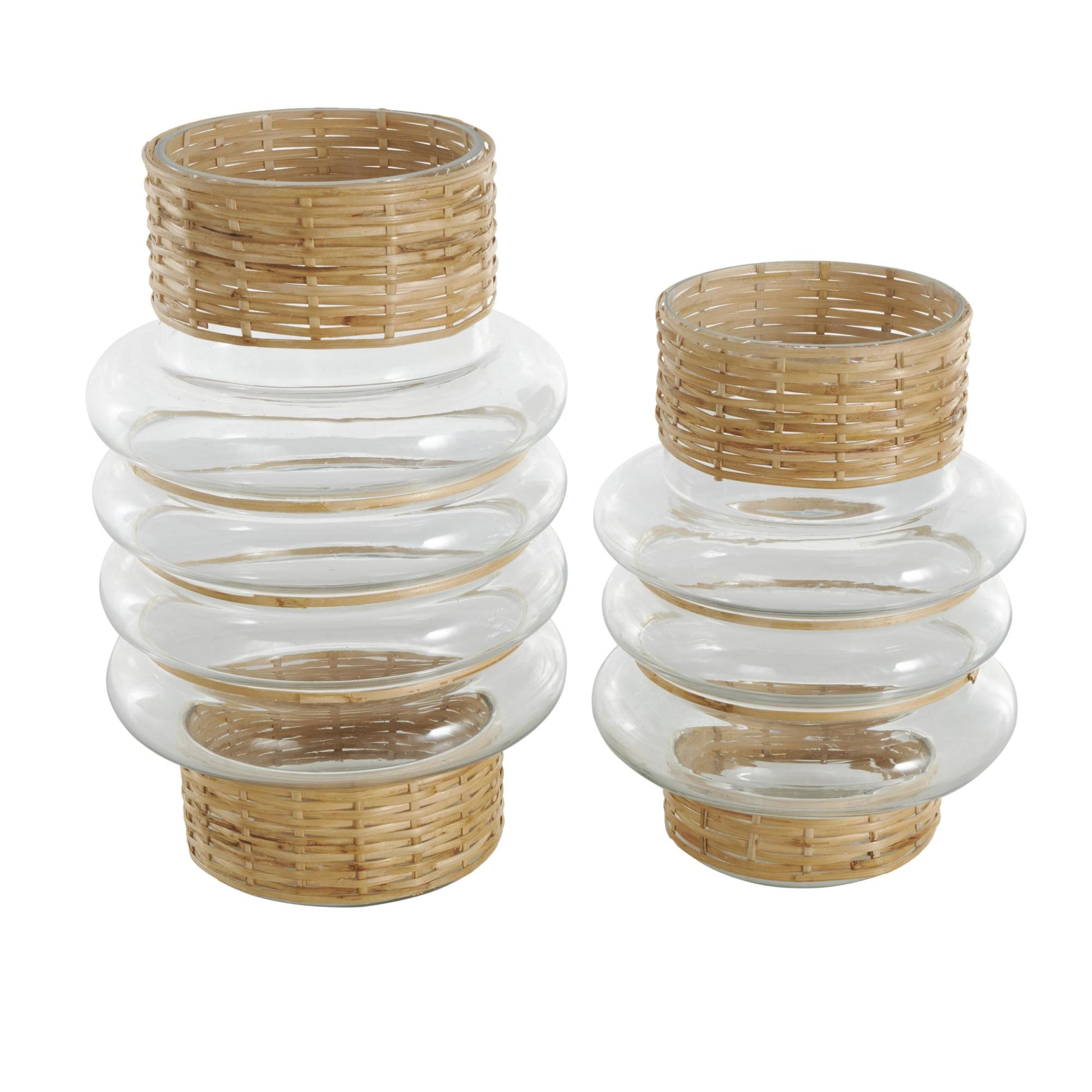 Set of 2 Clear Glass Handmade Rattan Wrapped Decorative Vase
