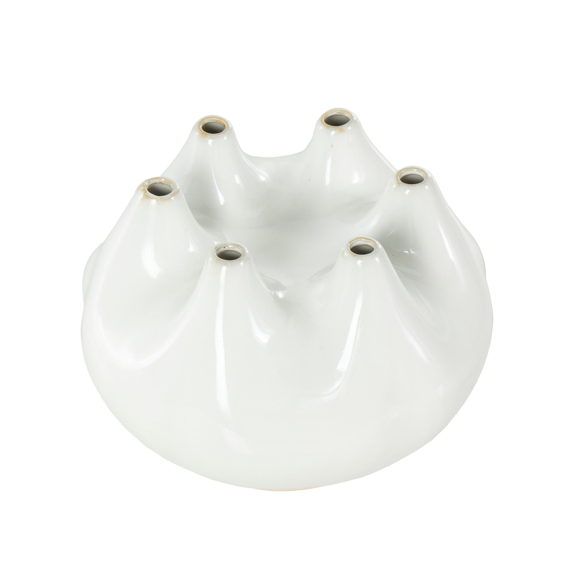 Abstract White Ceramic Round Wide Decorative Vase with Multiple Openings