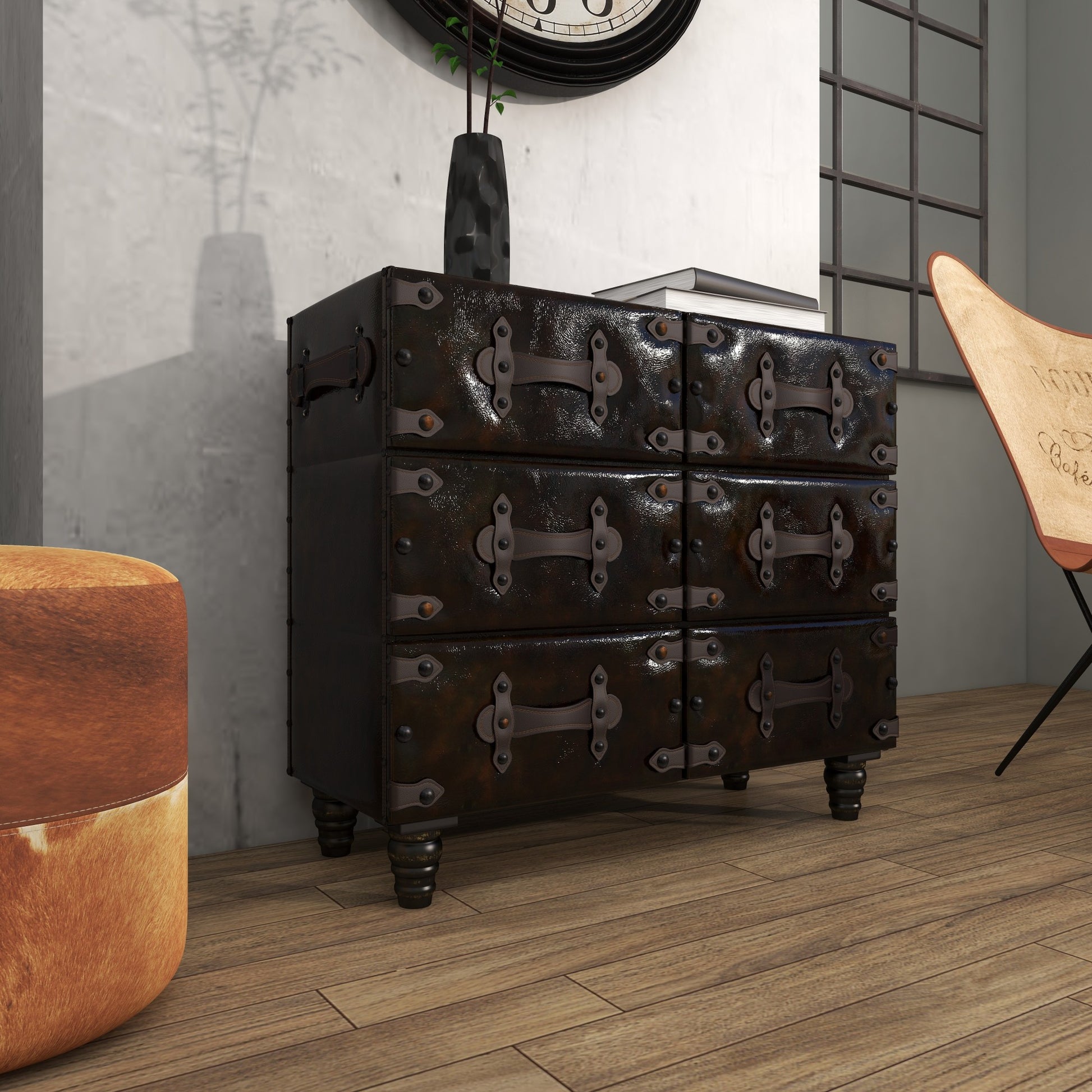 Black Wood Vintage Faux Leather Room Chest with Rivets and Straps Detailing