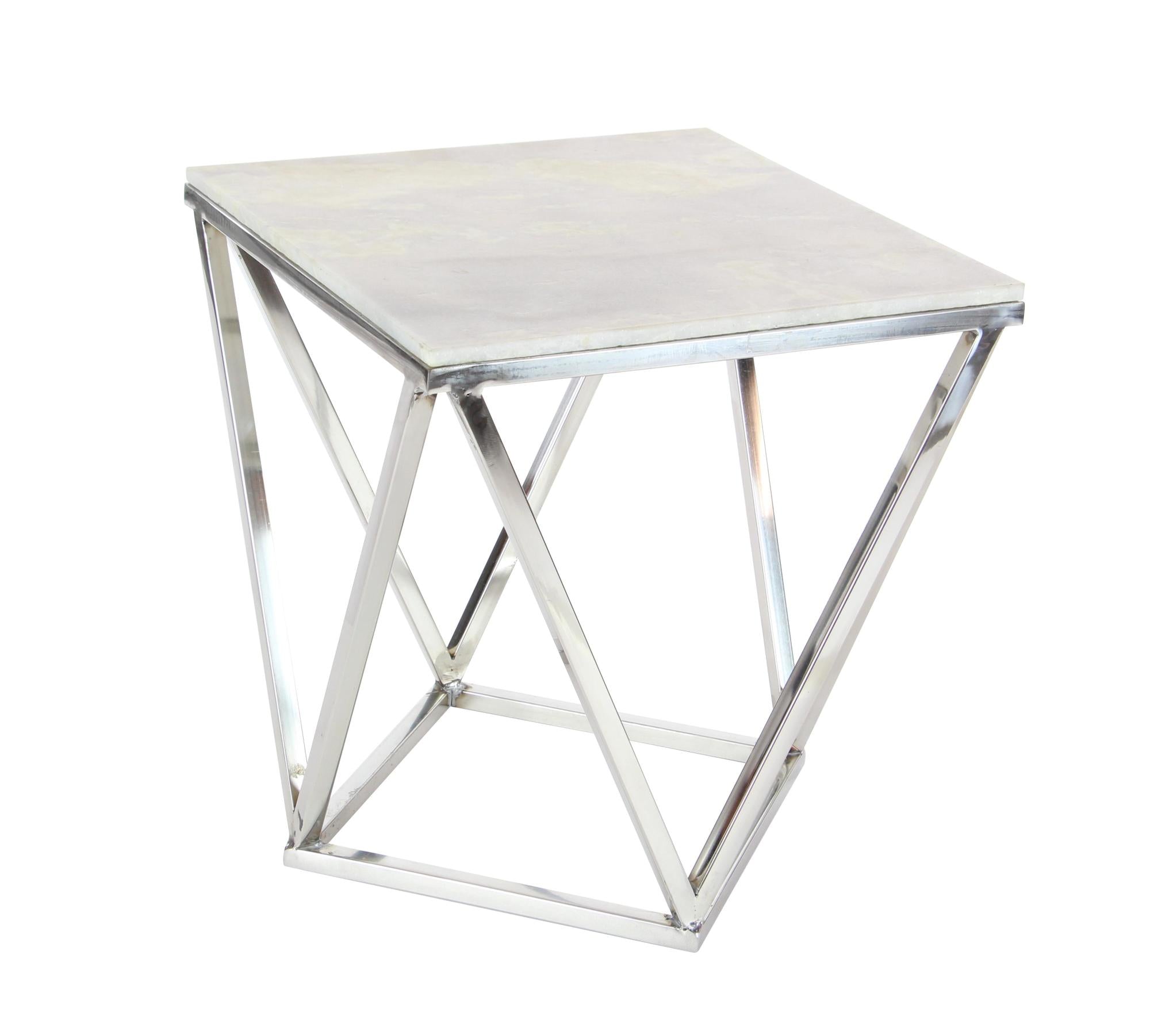 Geometric Silver Stainless Steel Metal Side End Accent Table with Marble Top