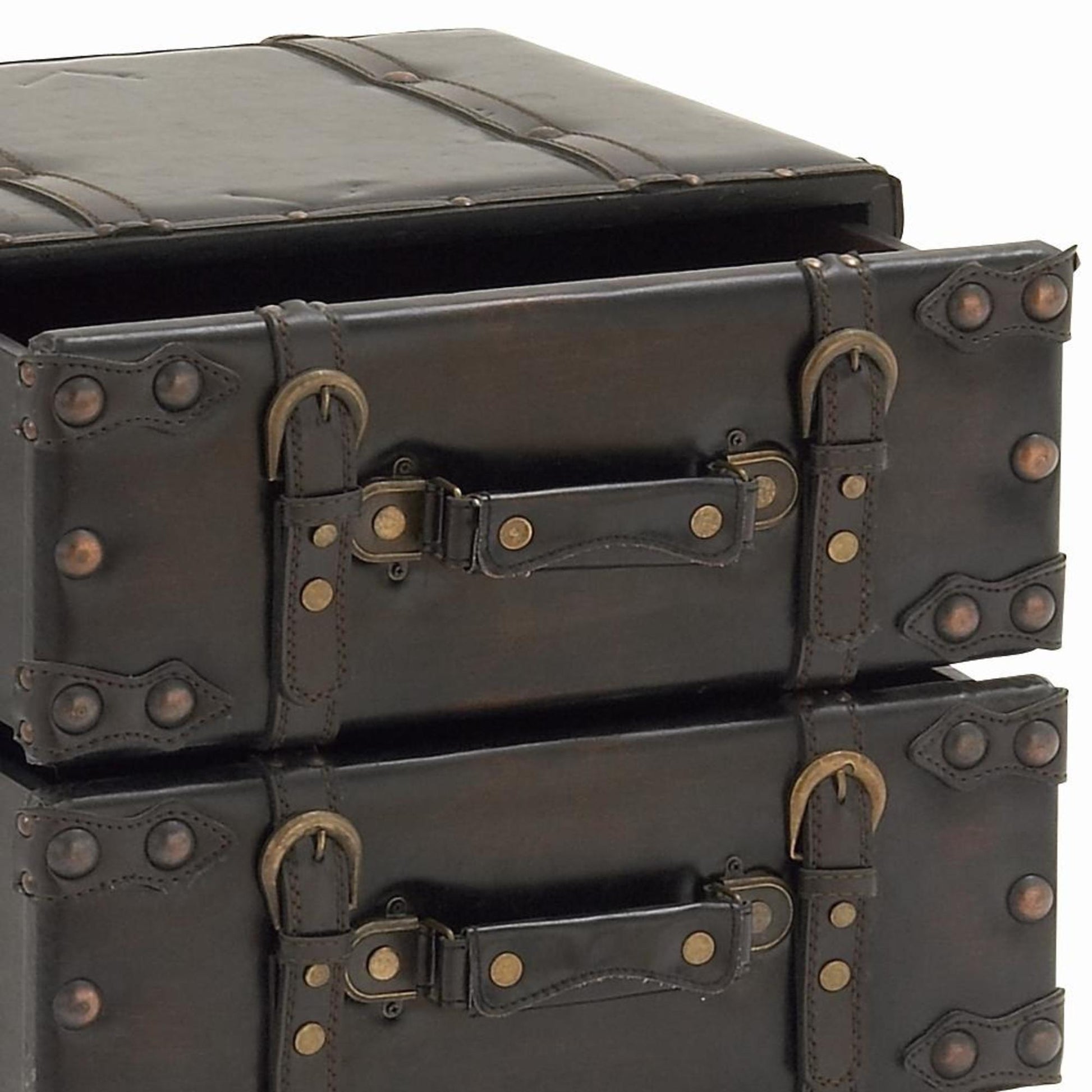 Black Faux Leather Vintage 4 Drawer Room Chest with Buckle Straps and Gold Stud Details