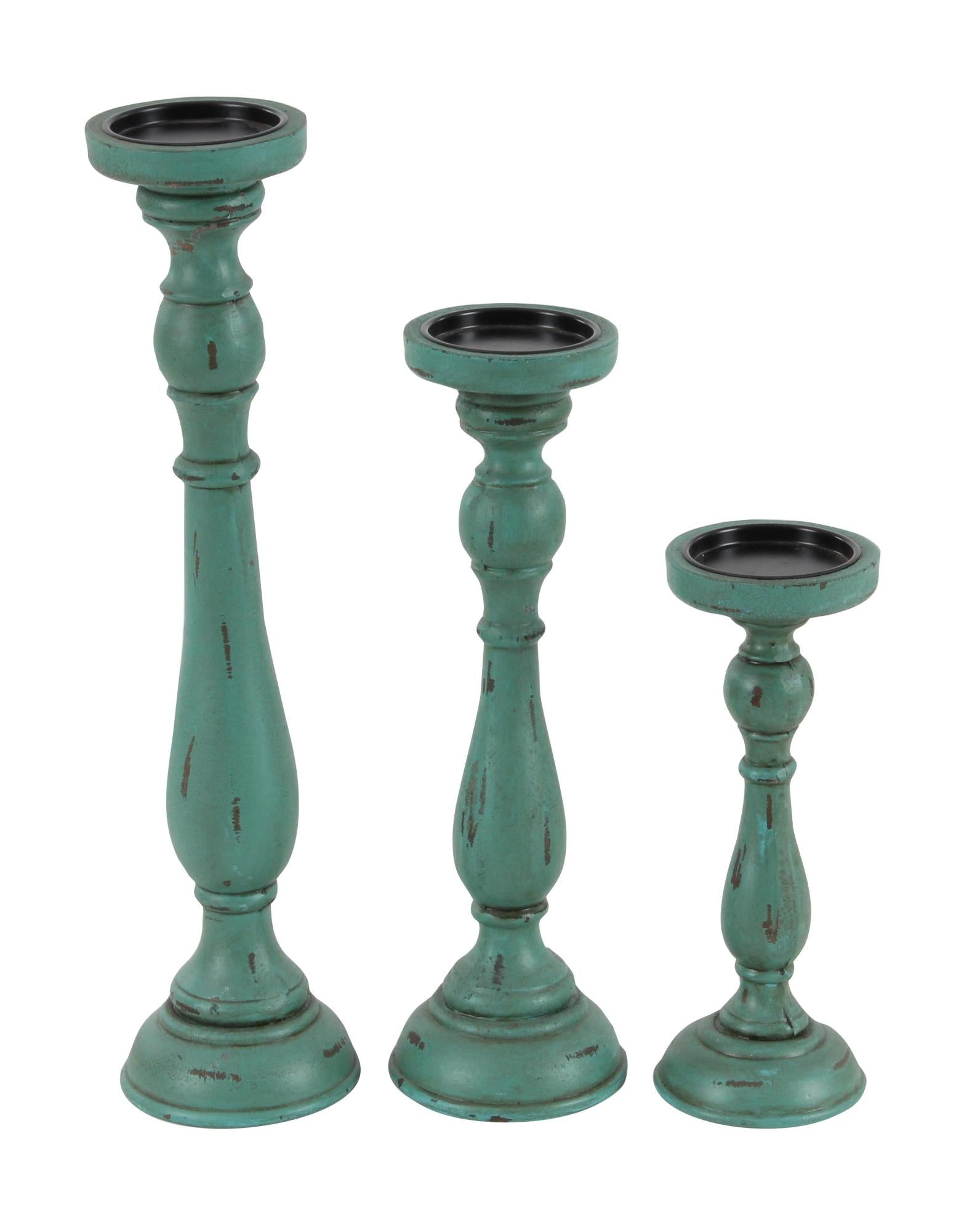 Set of 3 Teal Wooden Distressed Turned Decorative Candle Holder