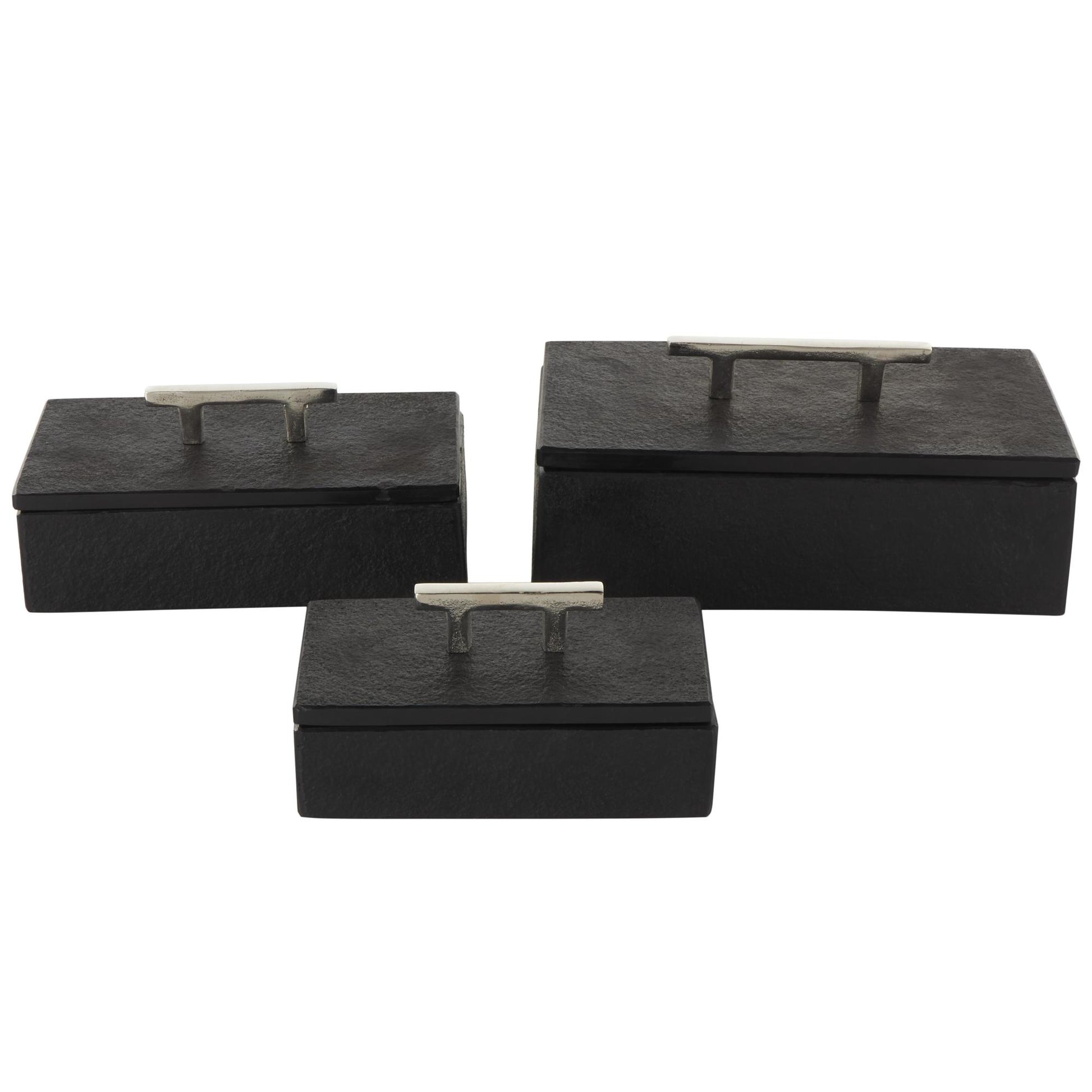 Set of 3 Marble Decorative Box with Aluminum Bar Handles Set of 3 12", 10", 8"W