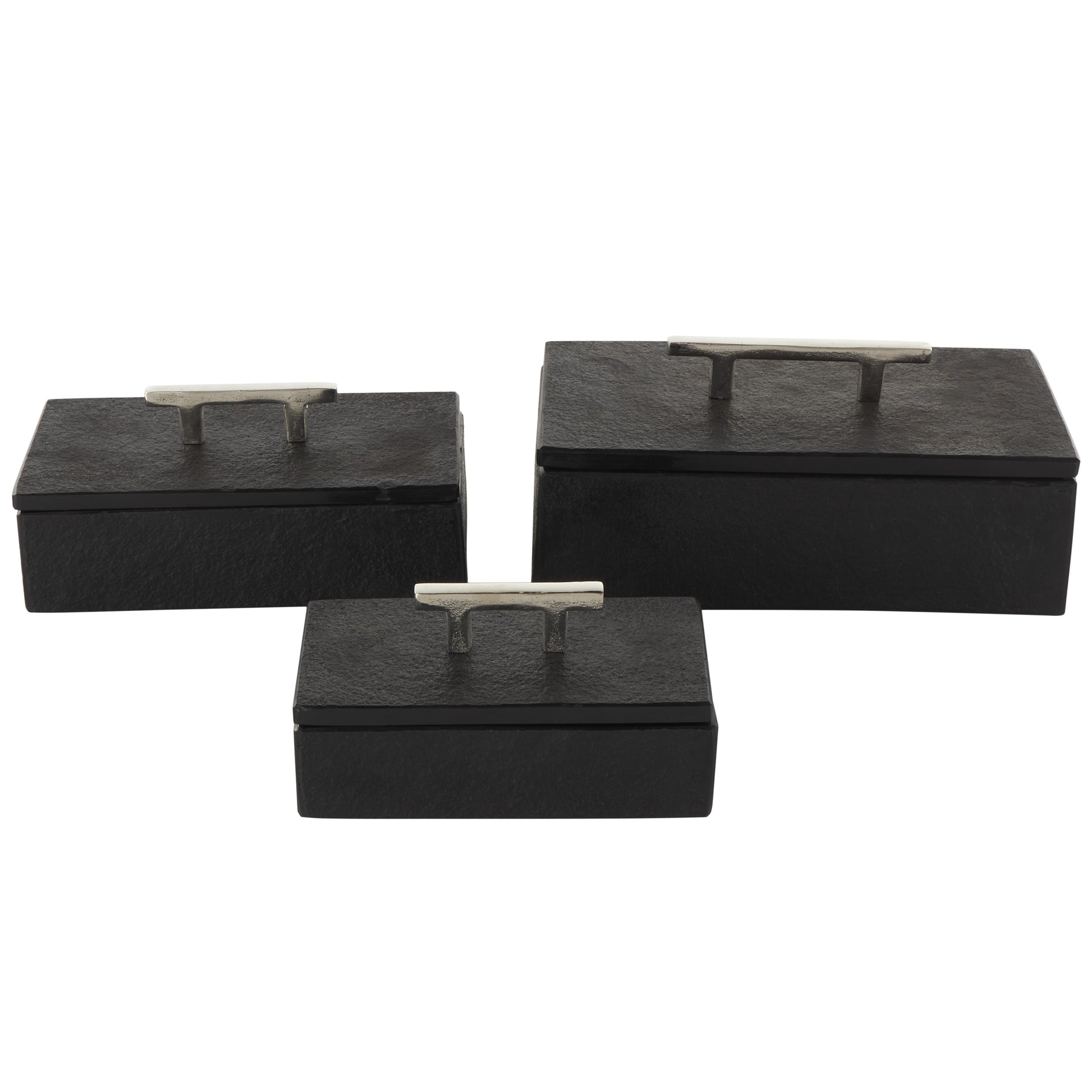 Set of 3 Marble Decorative Box with Aluminum Bar Handles Set of 3 12", 10", 8"W