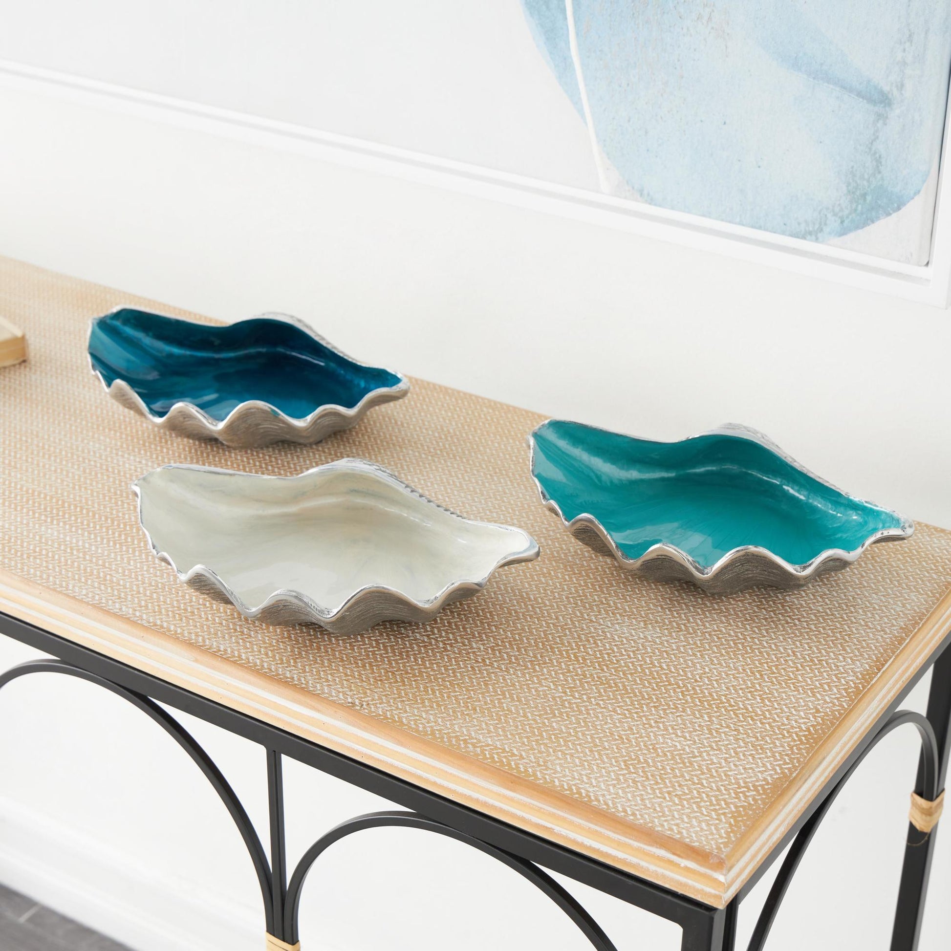 Set of 3 Shell Multi Colored Aluminum Metal Handmade Enameled Large Decorative Bowl with Textured Silver Bases