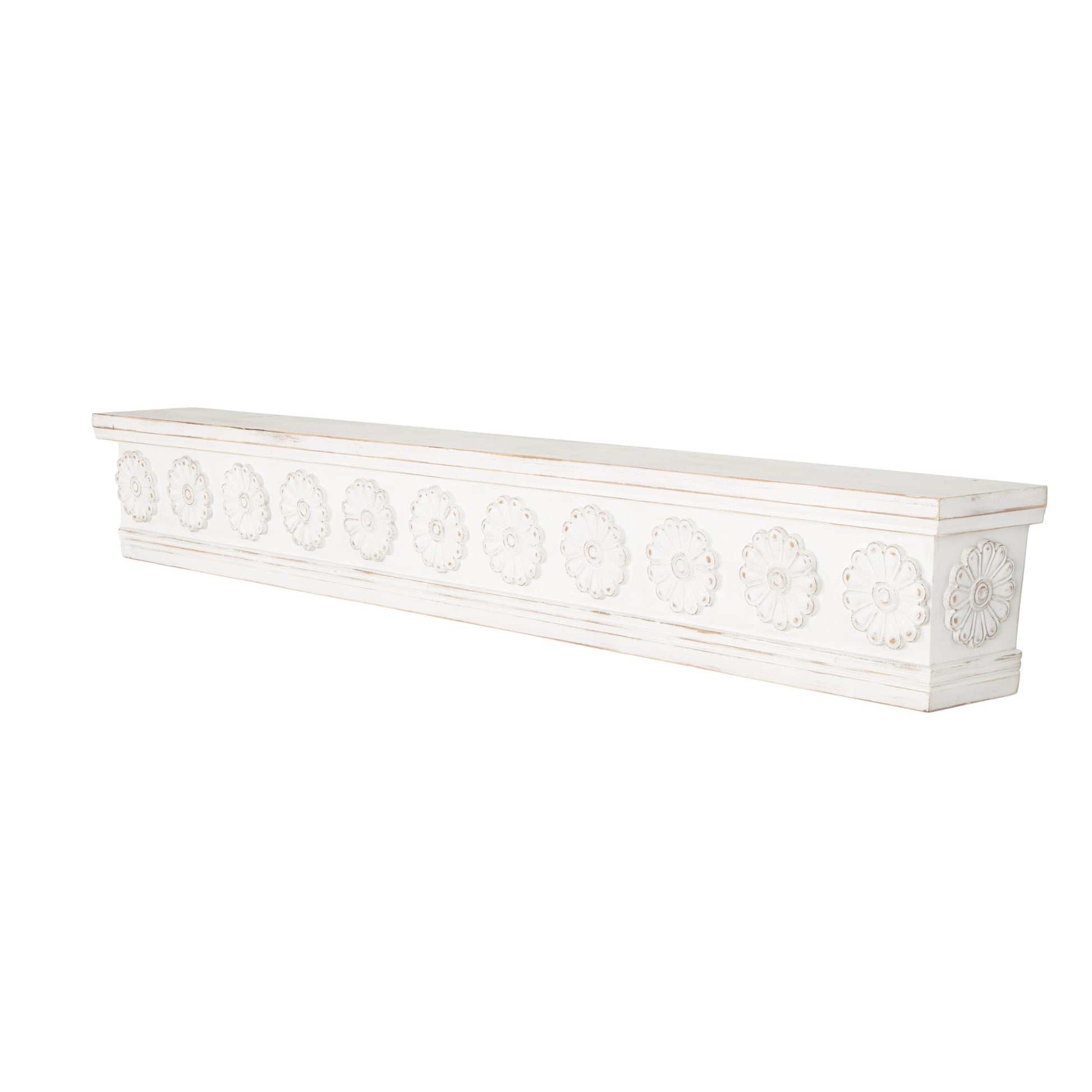 Floral White Wooden Room Wall Shelf with Brown Distressing