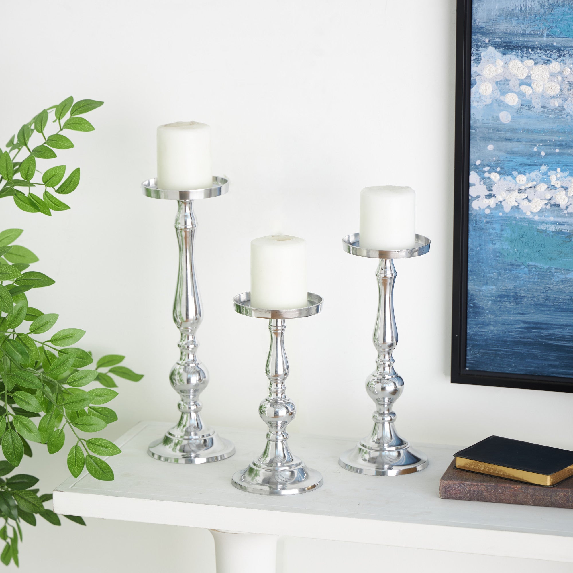 Set of 3 Silver Aluminum Metal Decorative Candle Holder