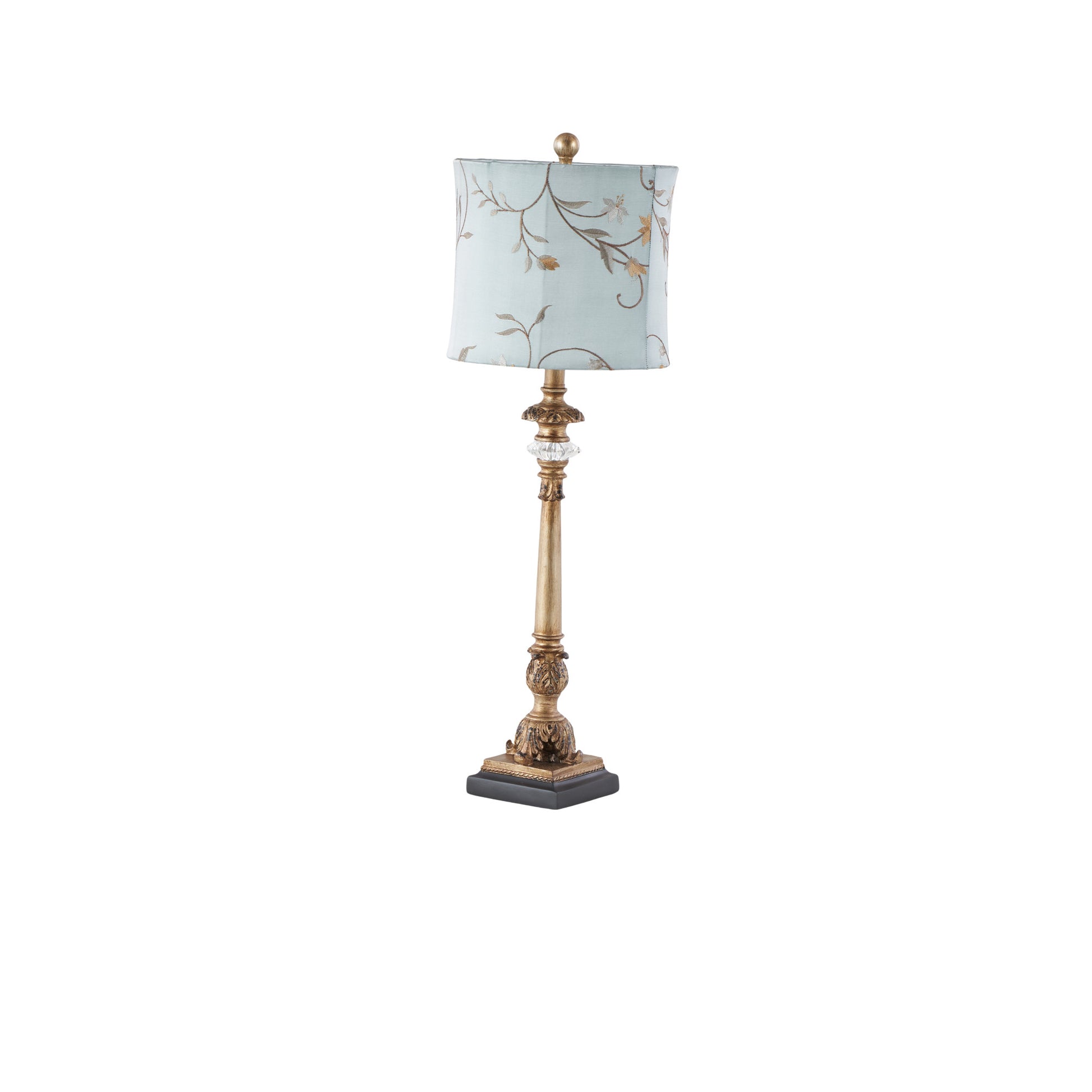 Set of 2 Floral Gold Metal Antique Style Room Buffet Lamp with Light Blue Shade