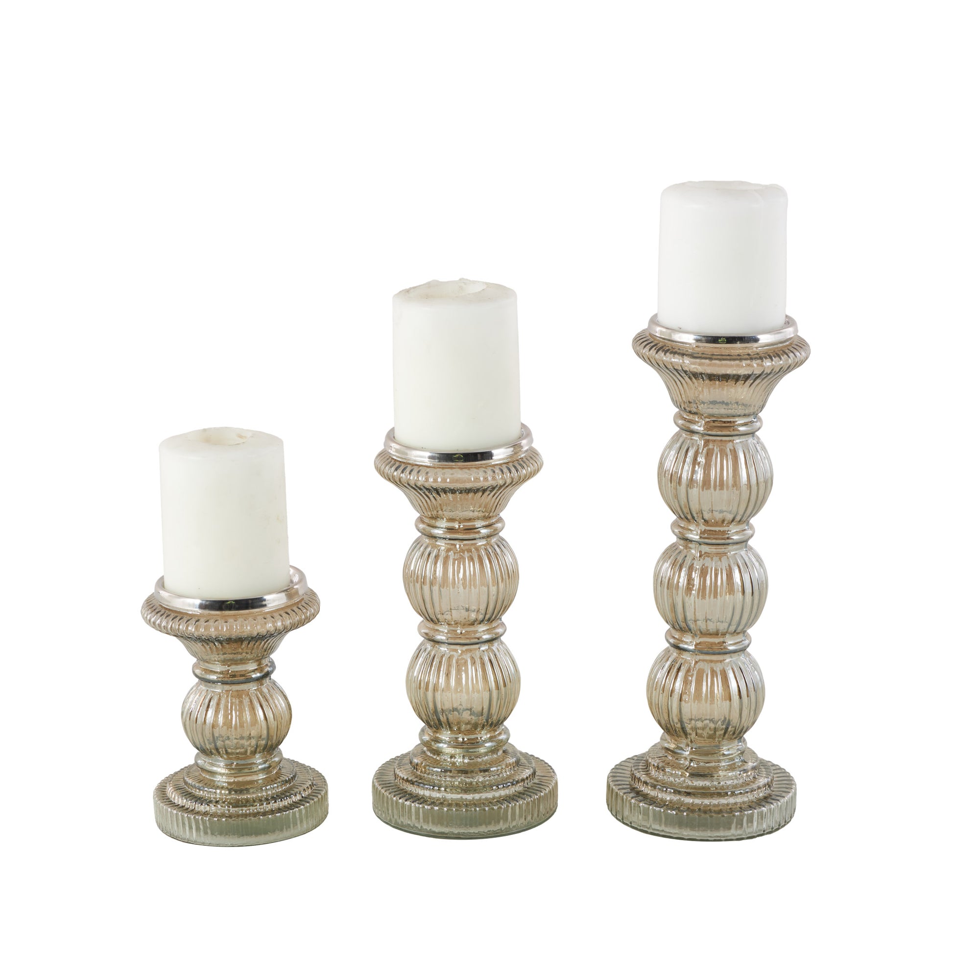 Set of 3 Gray Glass Handmade Turned Style Pillar Decorative Candle Holder