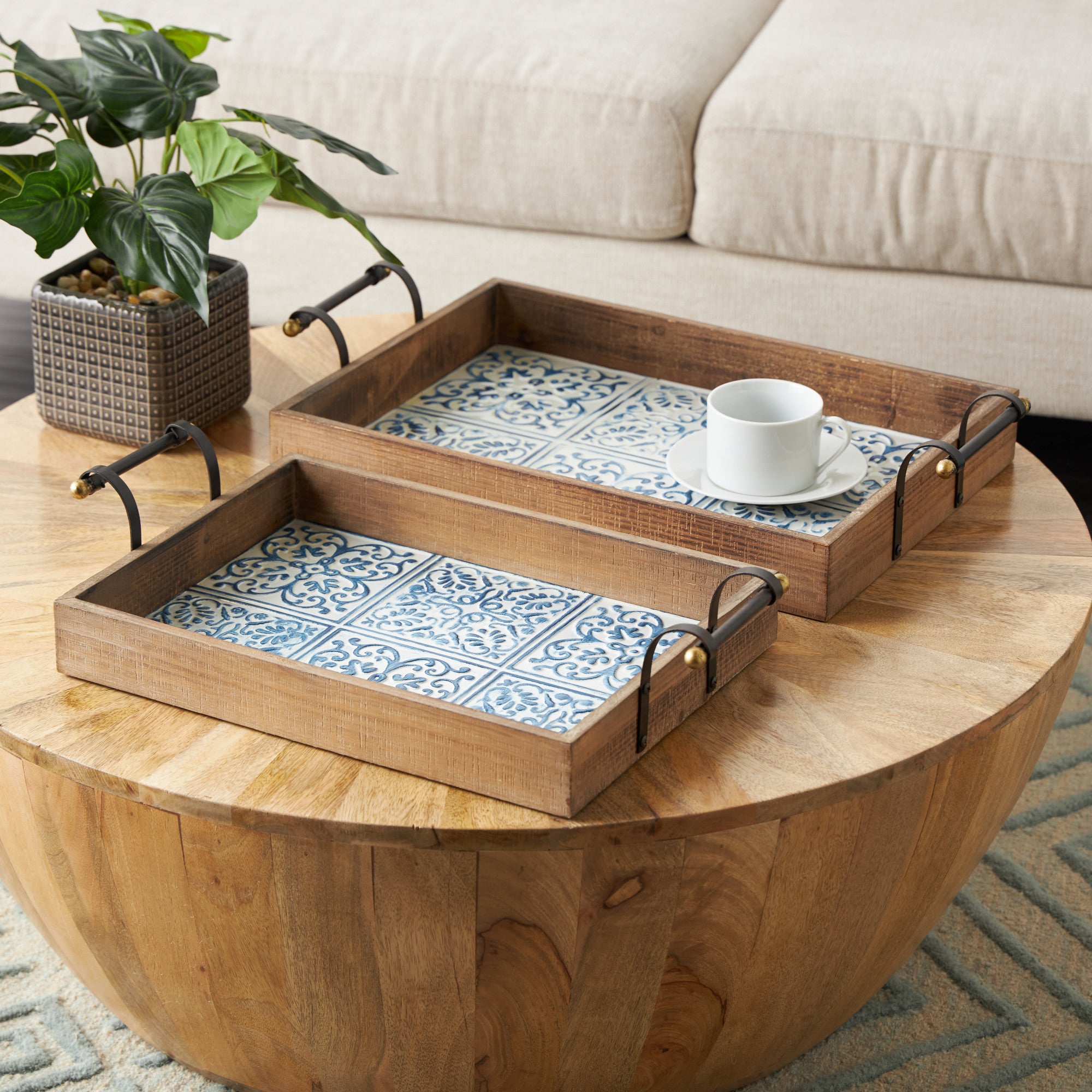 Set of 2 Floral Brown Wood Living Room Decor Tray with Tile Patterns