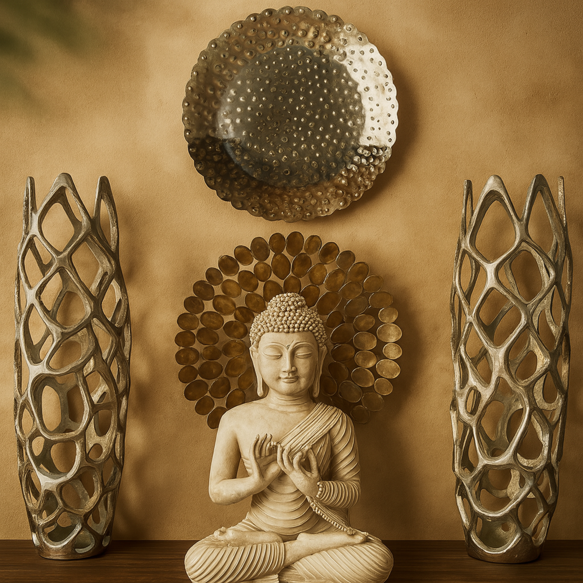 Set of 9 Plate Silver Stainless Steel Metal Home Wall Decor with Hammered Design