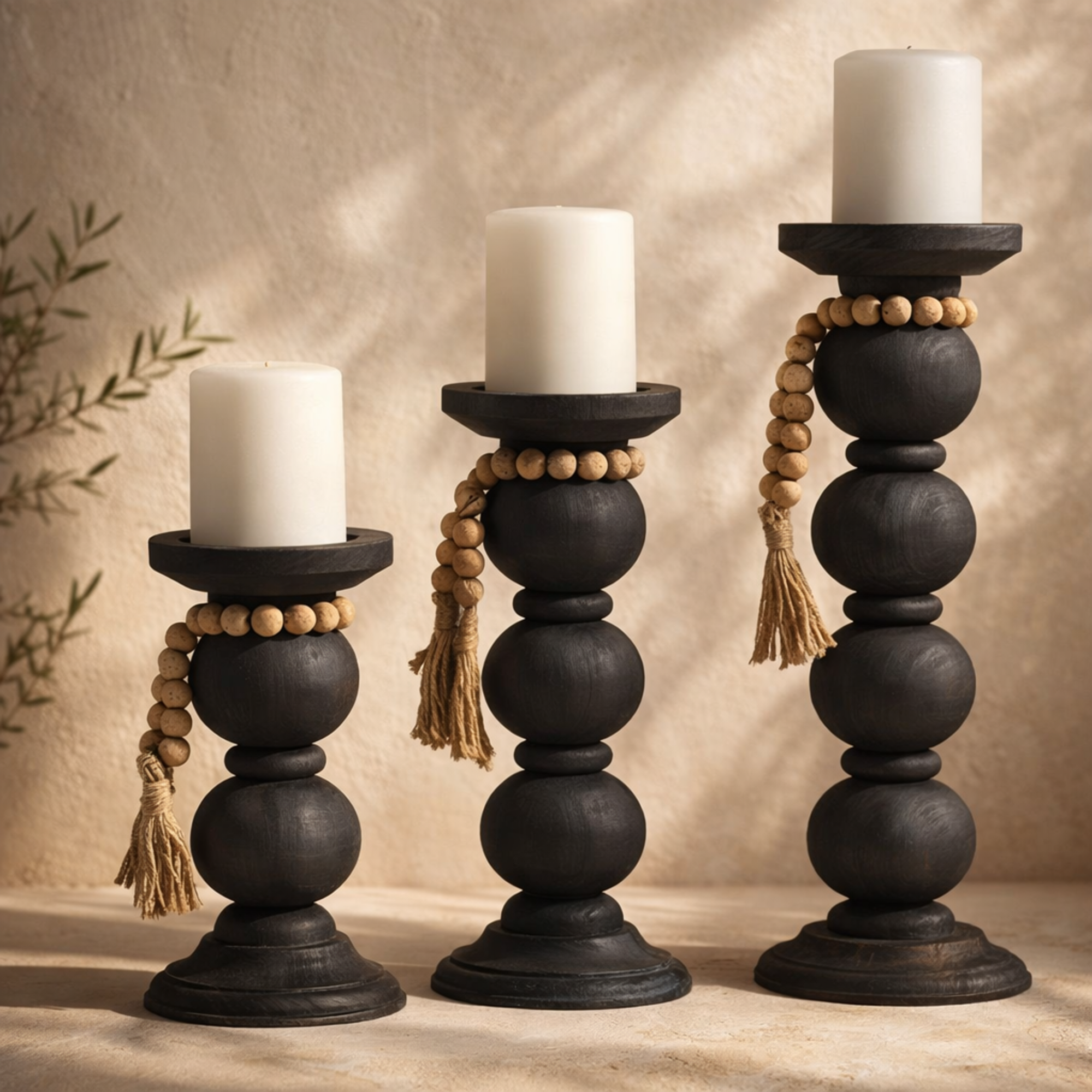 Set of 3 Black Wood Handmade Bubble Inspired Matte Decorative Candle Holder with Beaded Garland Accent