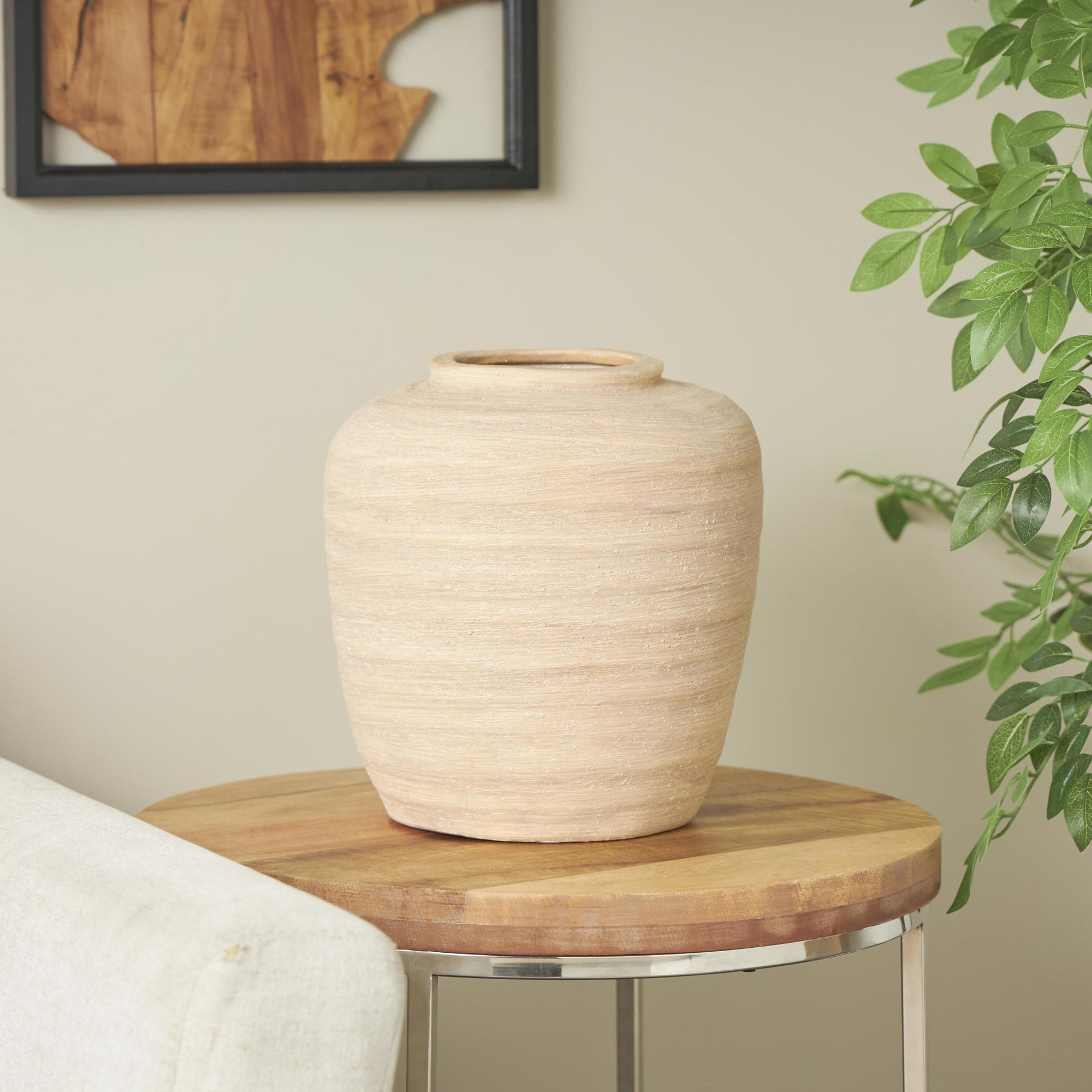 Beige Ceramic Wide Textured Decorative Vase