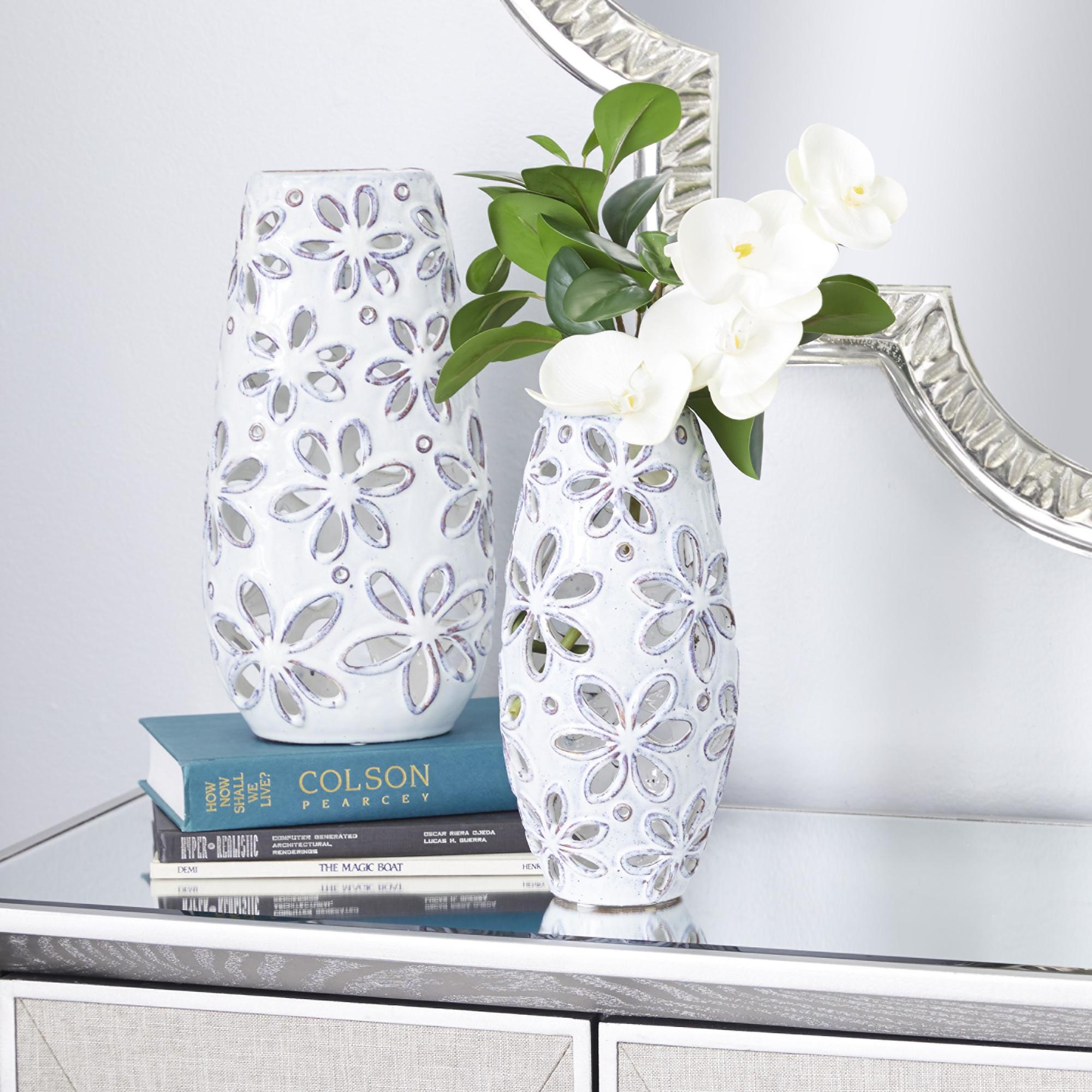 Set of 2 Floral White Ceramic Handmade Daisy Cut Out Decorative Vase
