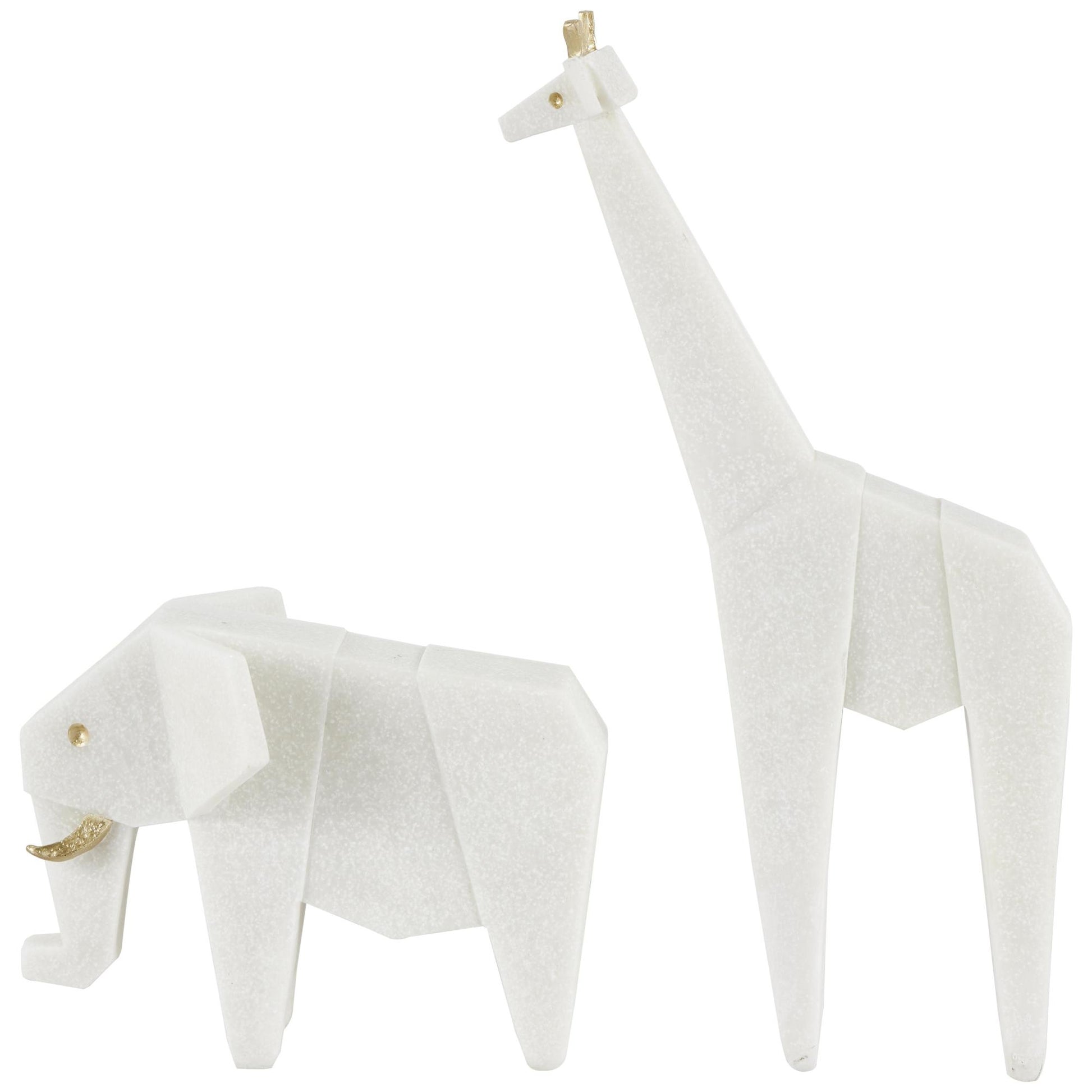 Set of 2 Elephant, Giraffe White Polystone Cubist Inspired Decorative Sculpture with Gold Accents
