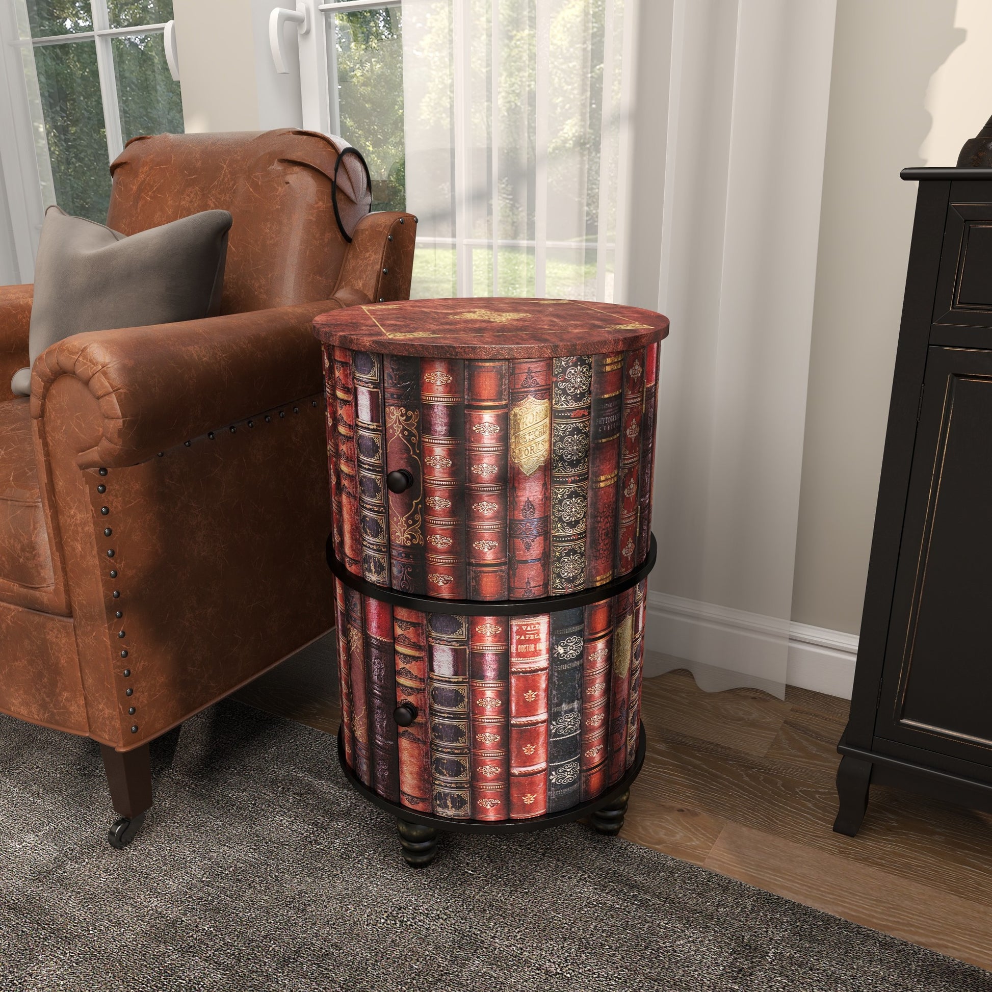 Red Faux Leather Circular Storage 2 Door Room Cabinet with Stacked Book Design and Scroll Details