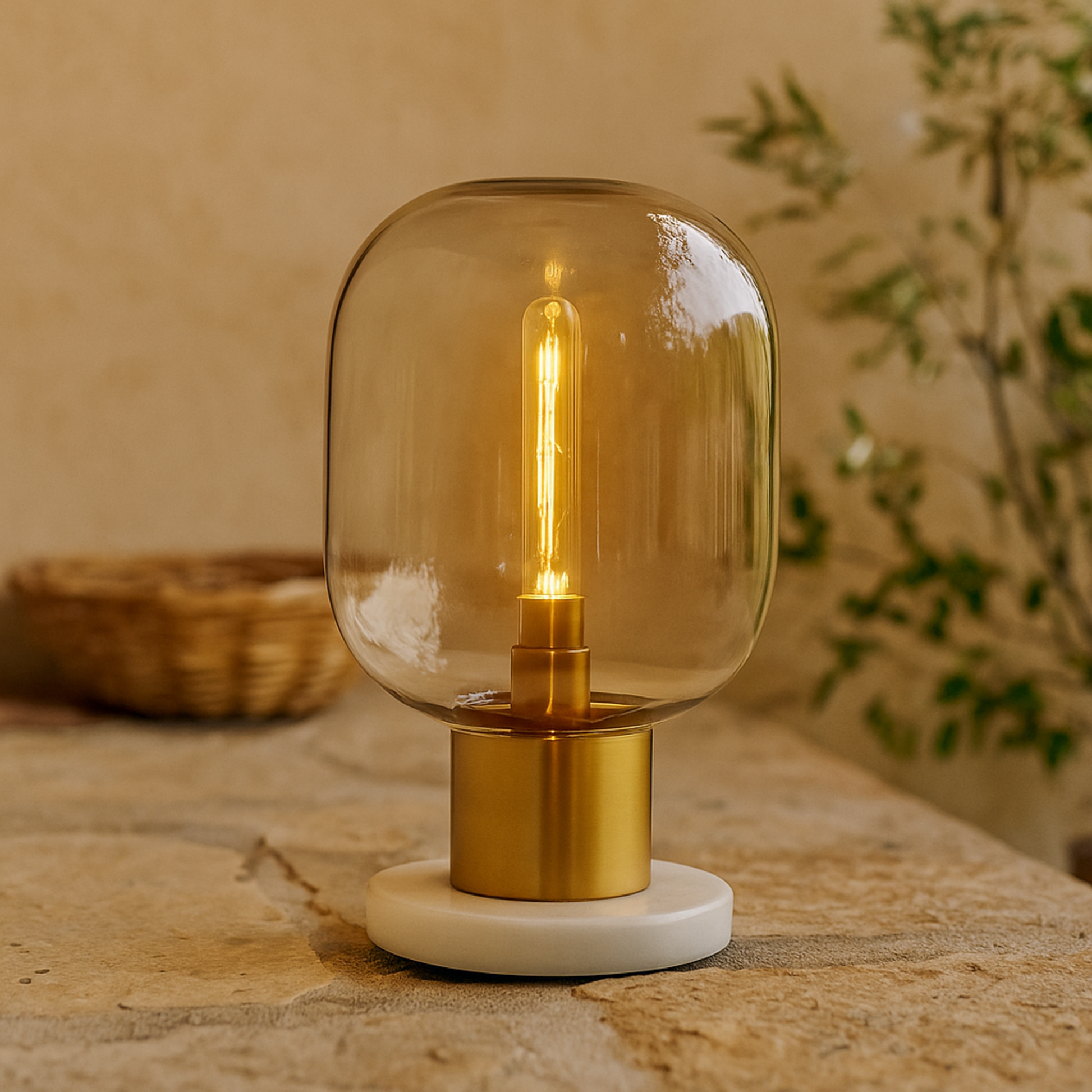 Gold Metal Room Table Lamp with Clear Dome Shaped Shade and Marble Base
