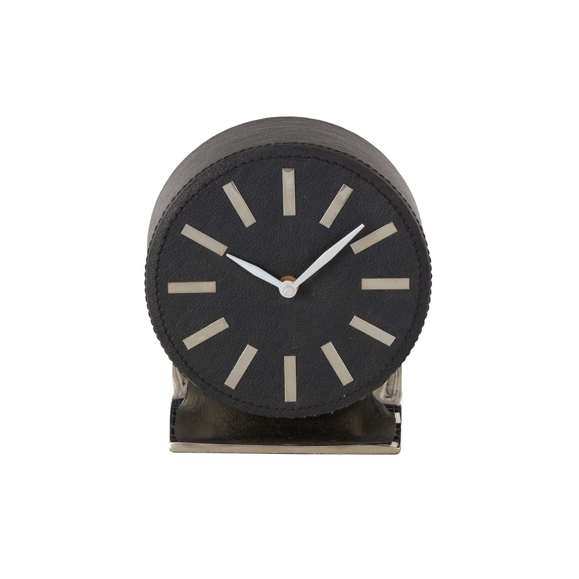 Faux Leather Round Decorative Clock with Silver Rectangular Base