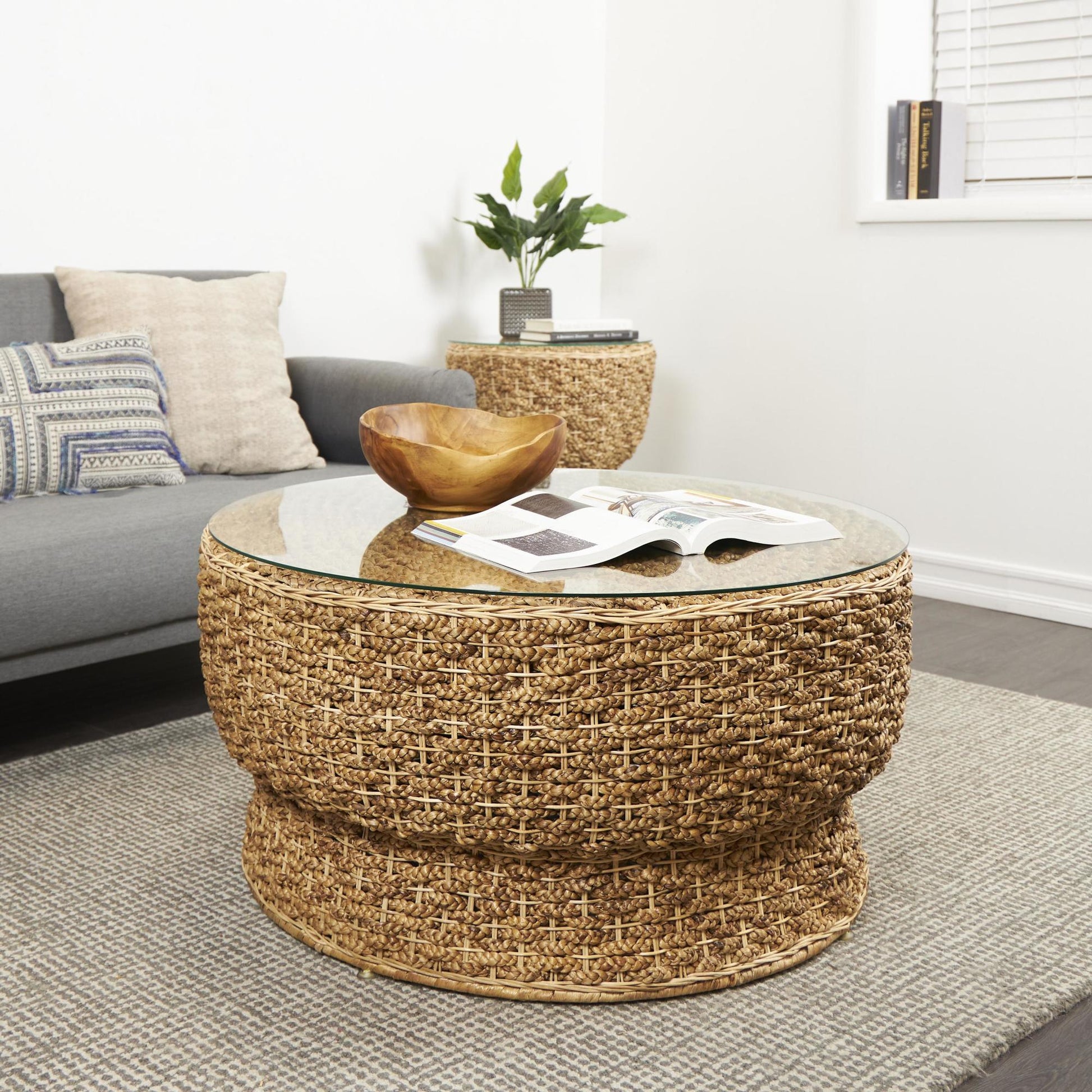 Brown Seagrass Handmade Woven Side End Accent Table with Glass Top
