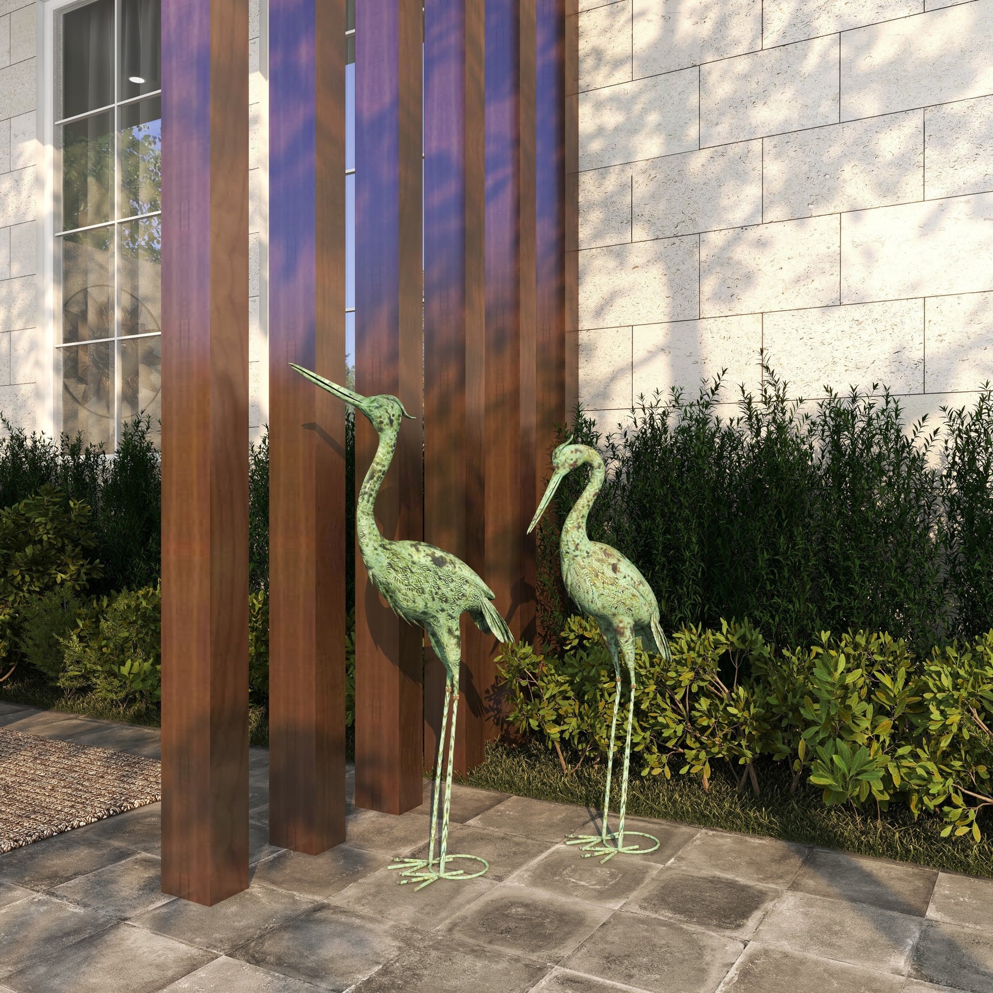 Set of 2 Crane Green Metal Indoor Outdoor Decorative Garden Sculpture with Coiled U Shaped Feet