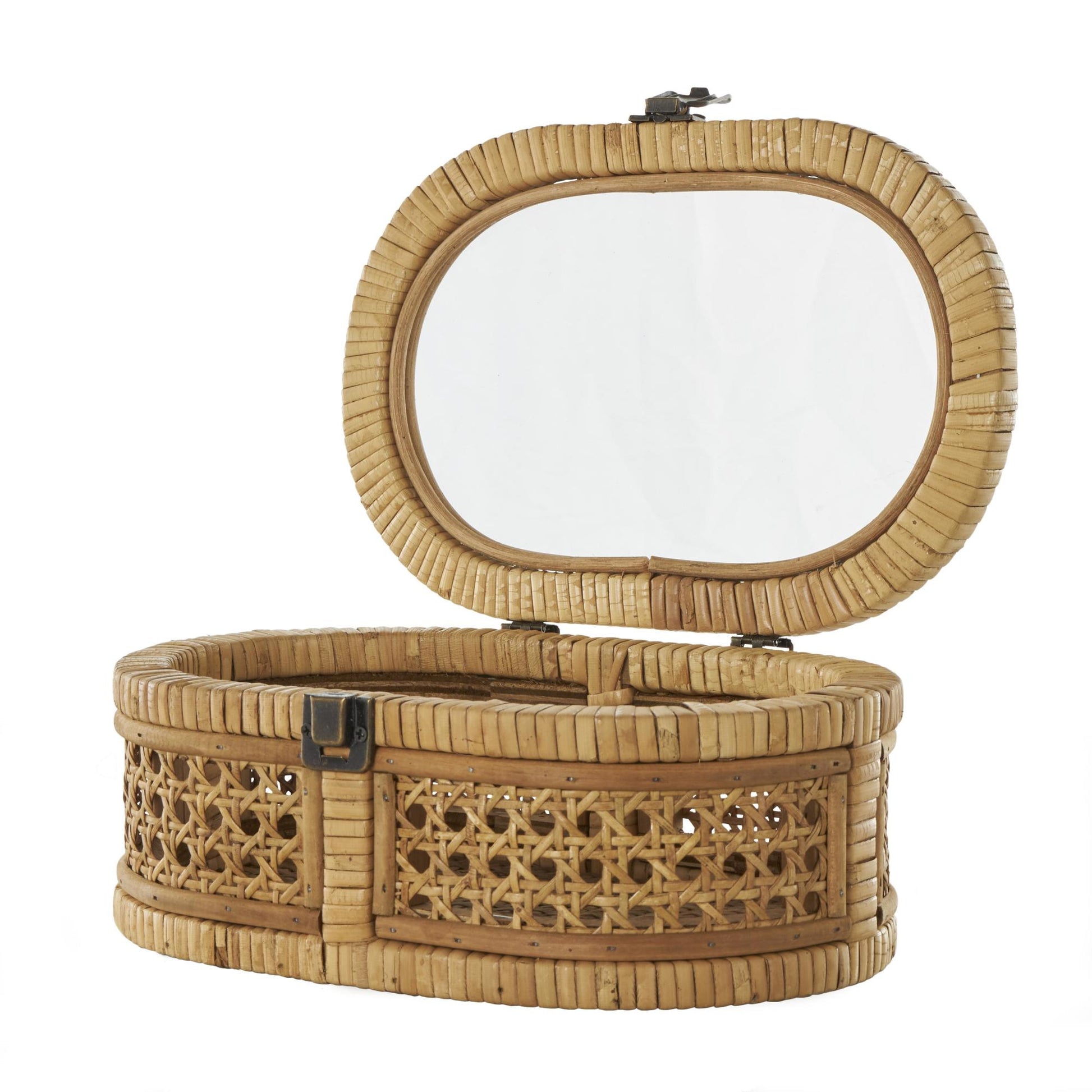 Set of 2 Brown Rattan Handmade Wrapped Oval Storage Decorative Box with Cane Panels and Tempered Glass Tops