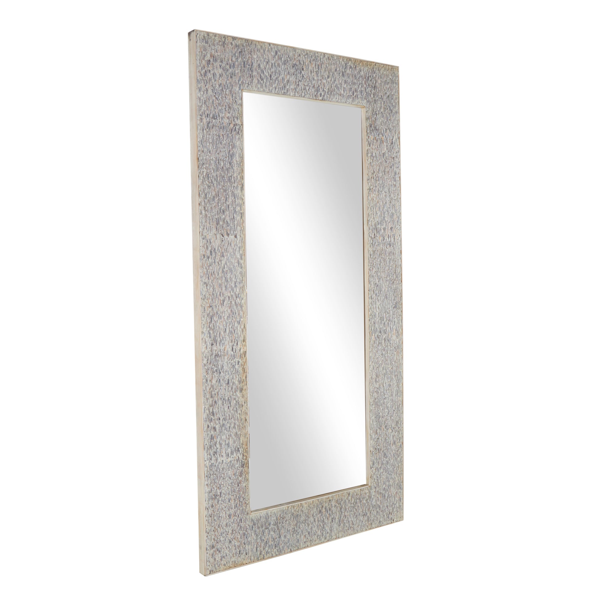 Beige Teak Wood Mosaic Room Floor Mirror with Brown Inner Frame