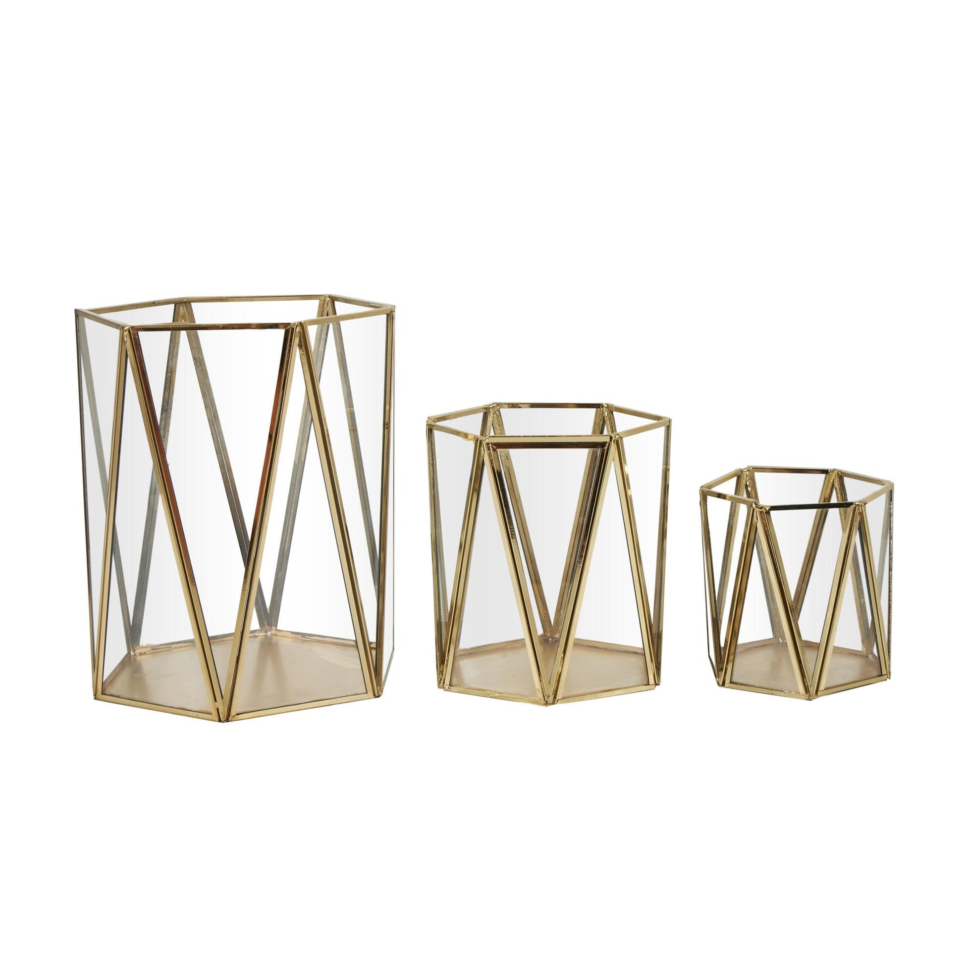 CosmoLiving by Cosmopolitan Set of 3 Geometric Gold Metal Triangle Patterned Hexagon Indoor Outdoor Candle Lantern with Clear Glass