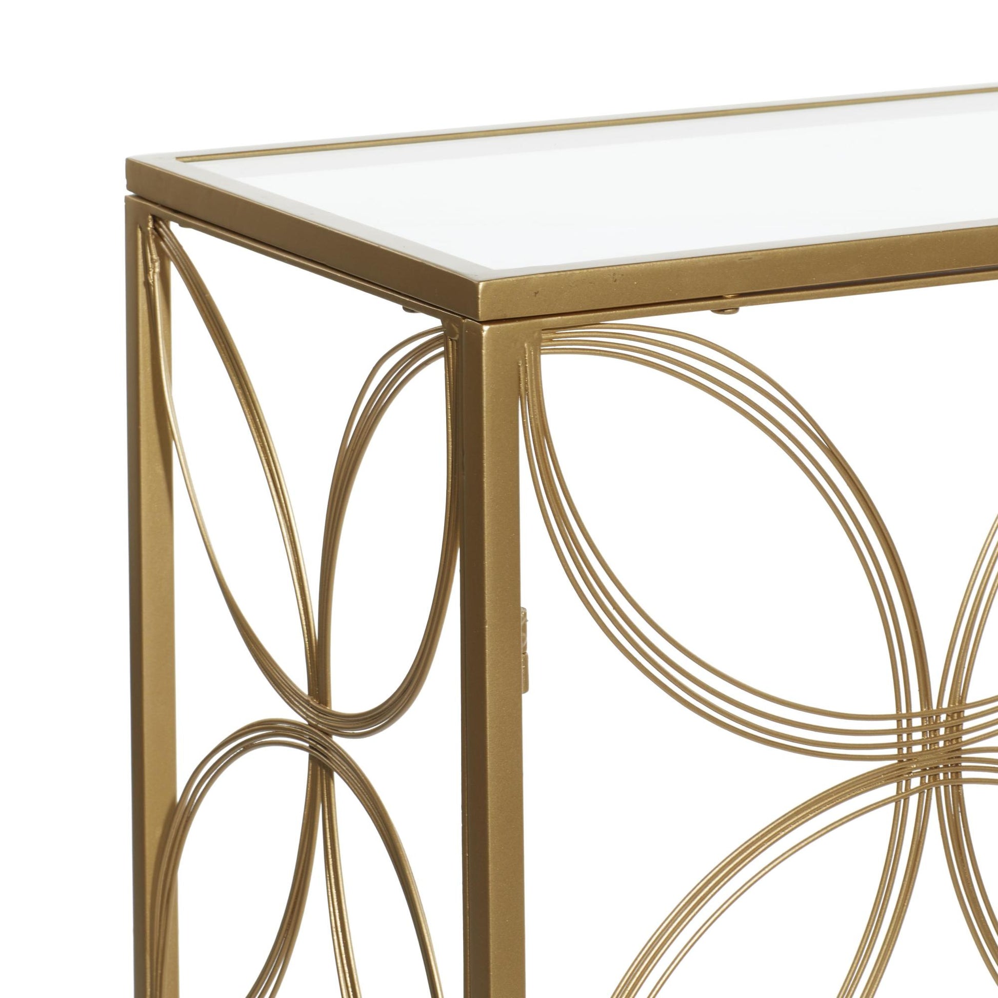 Geometric Gold Metal Open Style Quatrefoil Frame Living Room Console Table with Glass Top