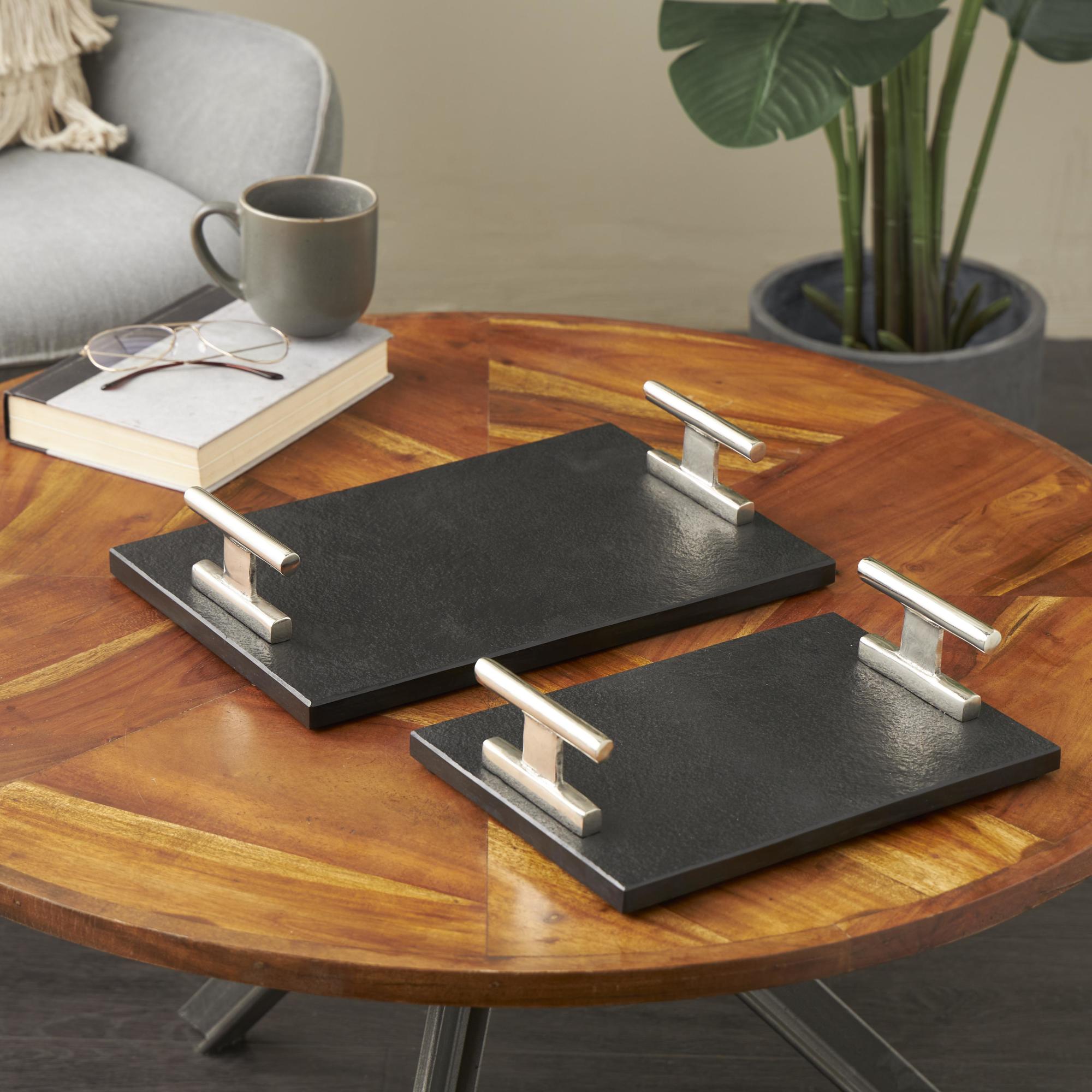 Set of 2 Marble Slim Textured Living Room Decor Tray with Rod Handles Set of 2 22", 18"W
