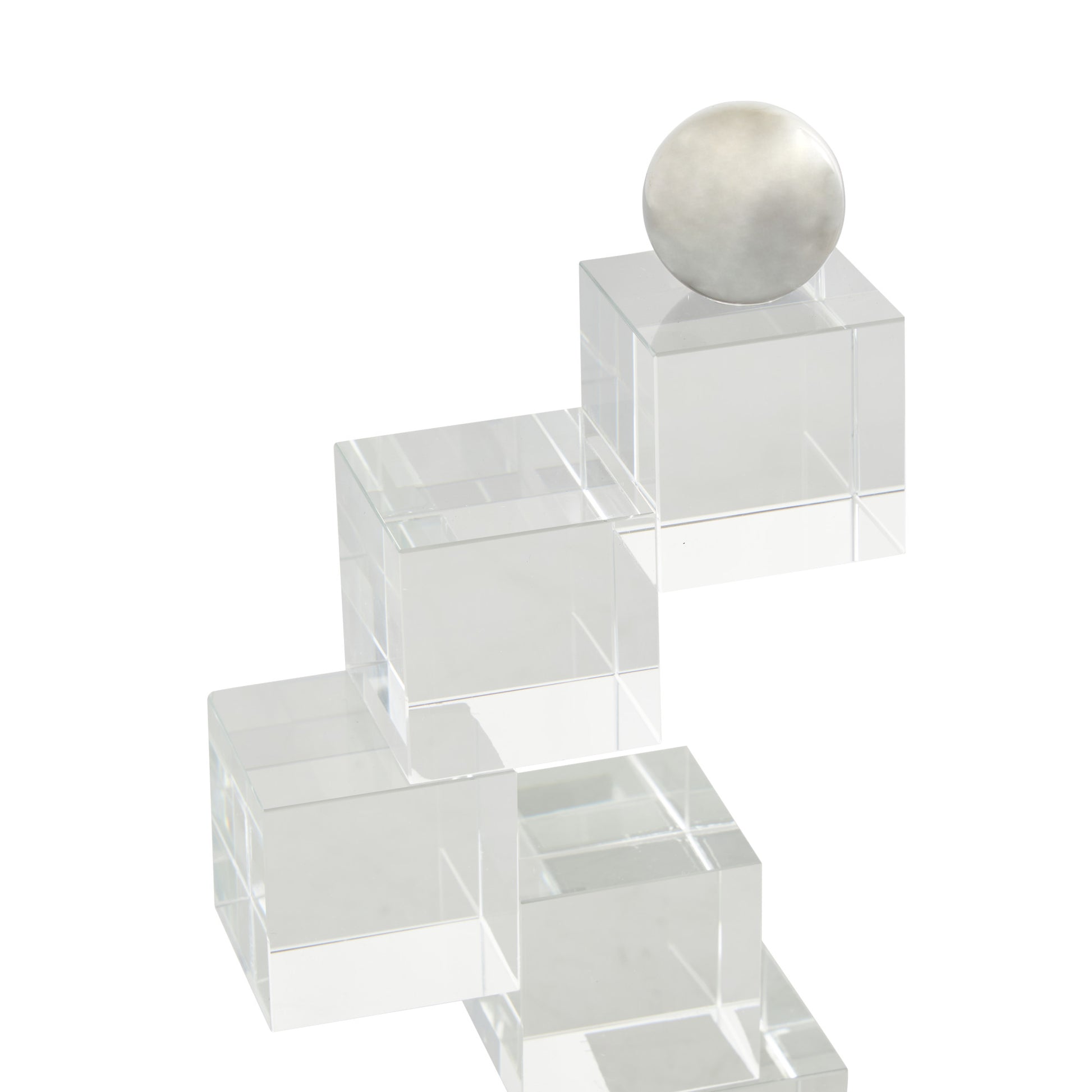 Set of 2 Geometric Clear Glass Stacked Squares Decorative Bookends with Silver Orbs