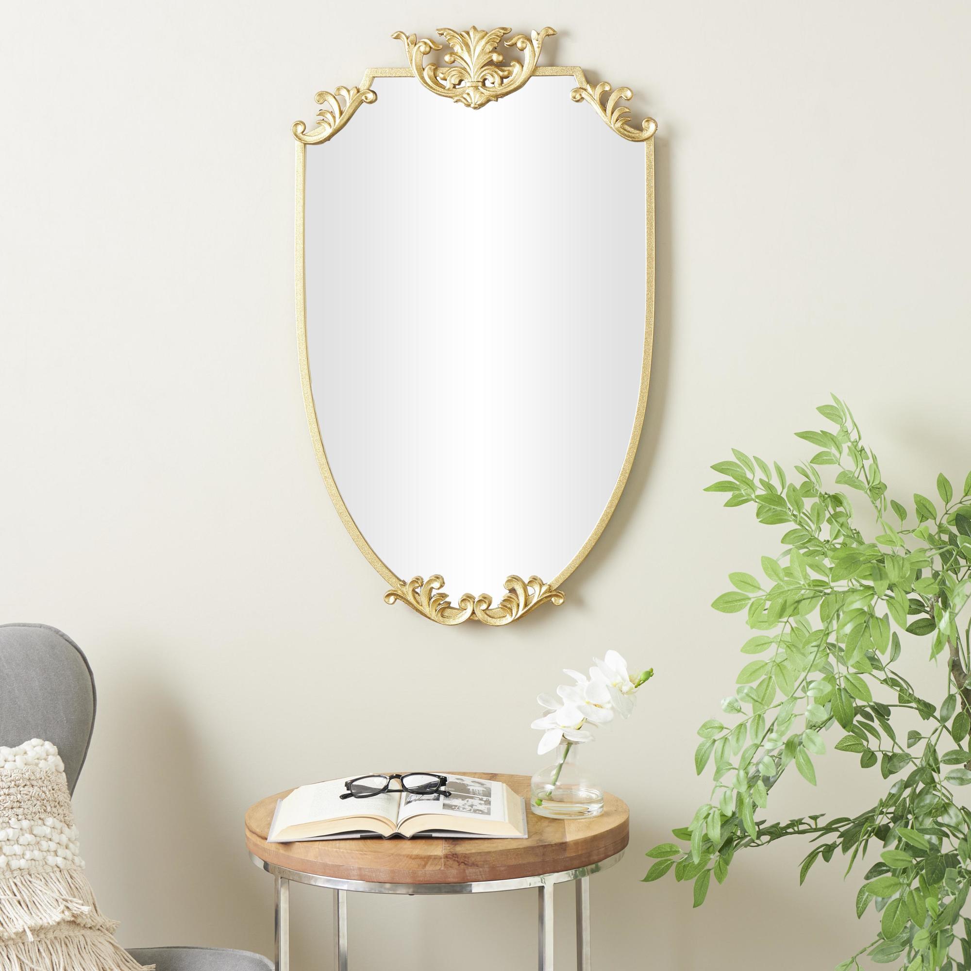 Floral Gold Metal Shield Room Wall Mirror with Floral Embellishments