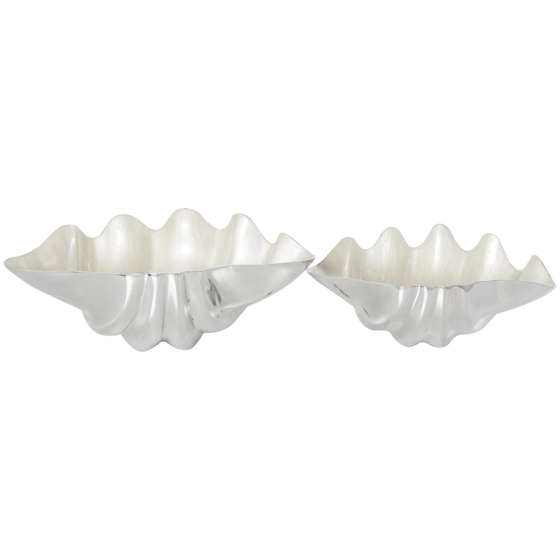 Set of 2 Shell Aluminum Metal Enameled Large Decorative Bowl with Silver Metal Exterior