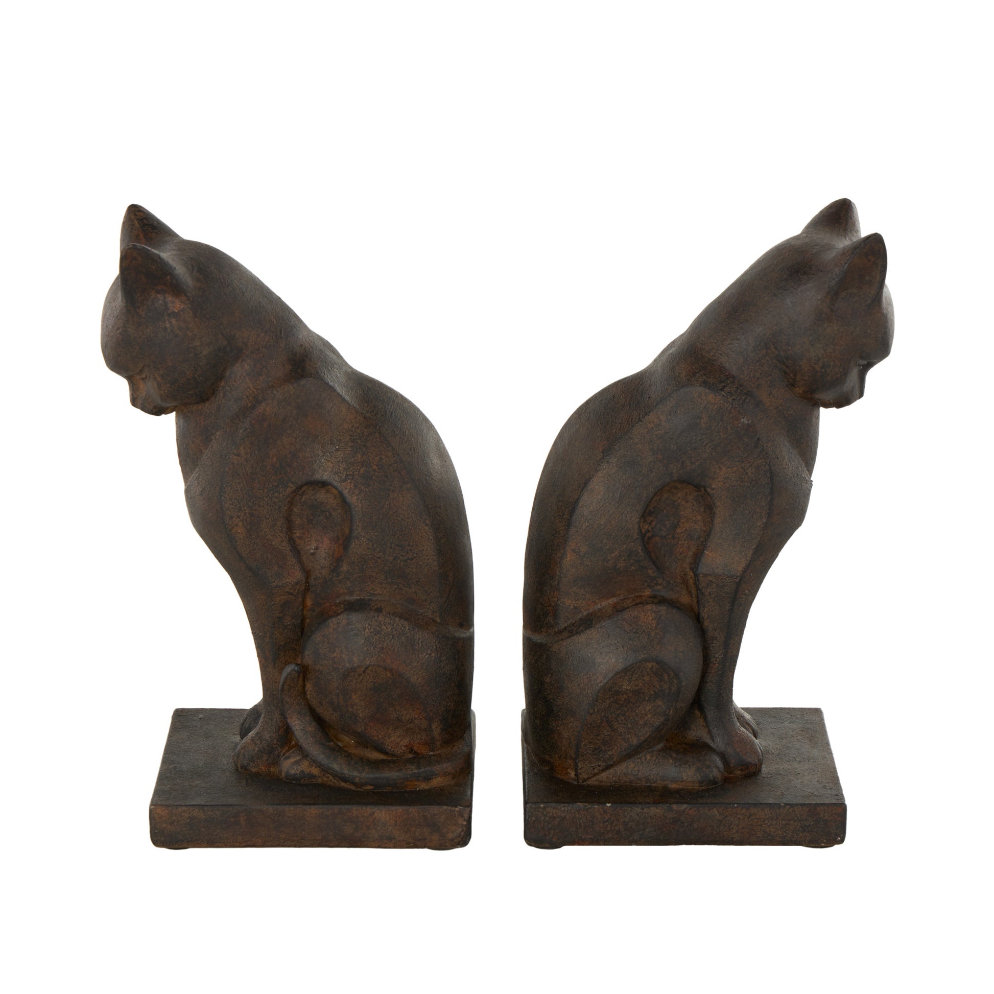 Set of 2 Cat Dark Brown Resin Frowning Decorative Bookends with Copper Accents