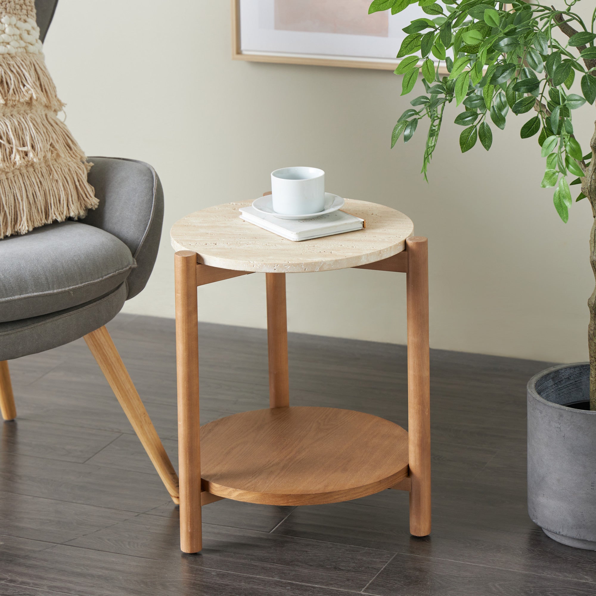 Brown Wood Handmade Round Side End Accent Table with Beige Round Marble Top