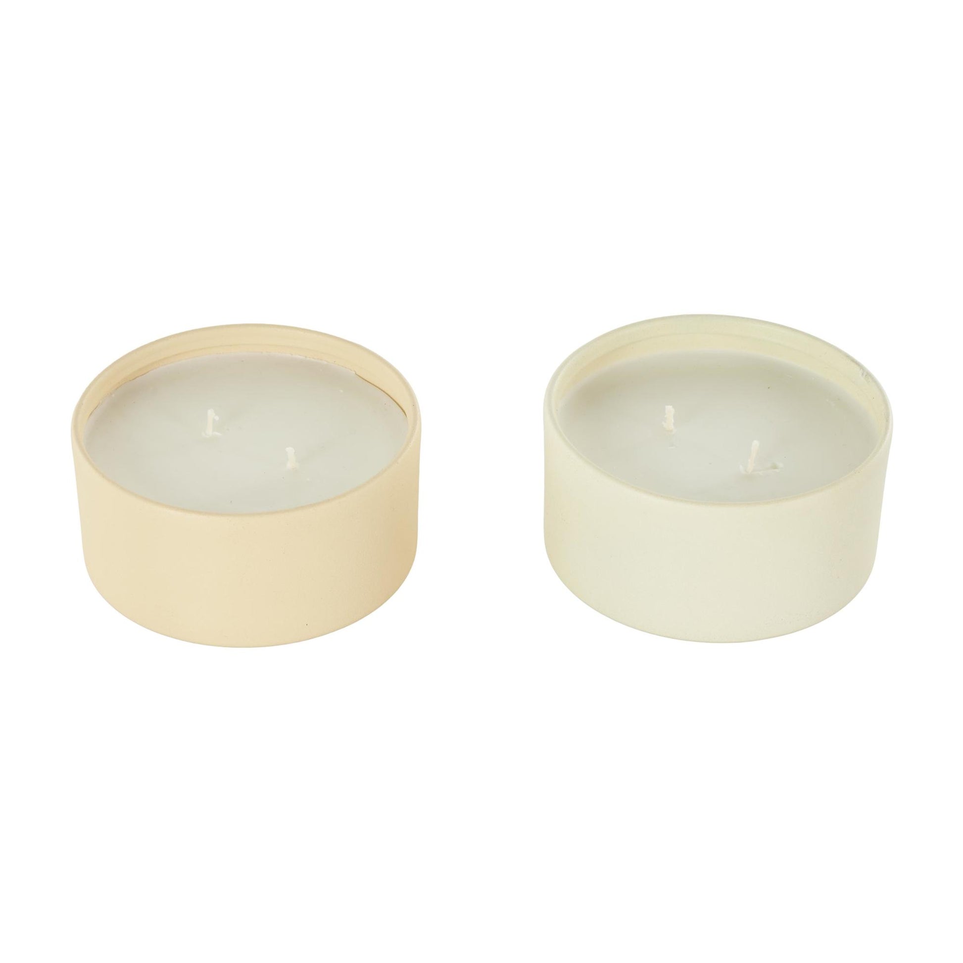 Set of 2 Metal Fresh Cotton / White Tea & Ginger Scented Textured 9oz 2 Wick Decorative Candle with White Wax