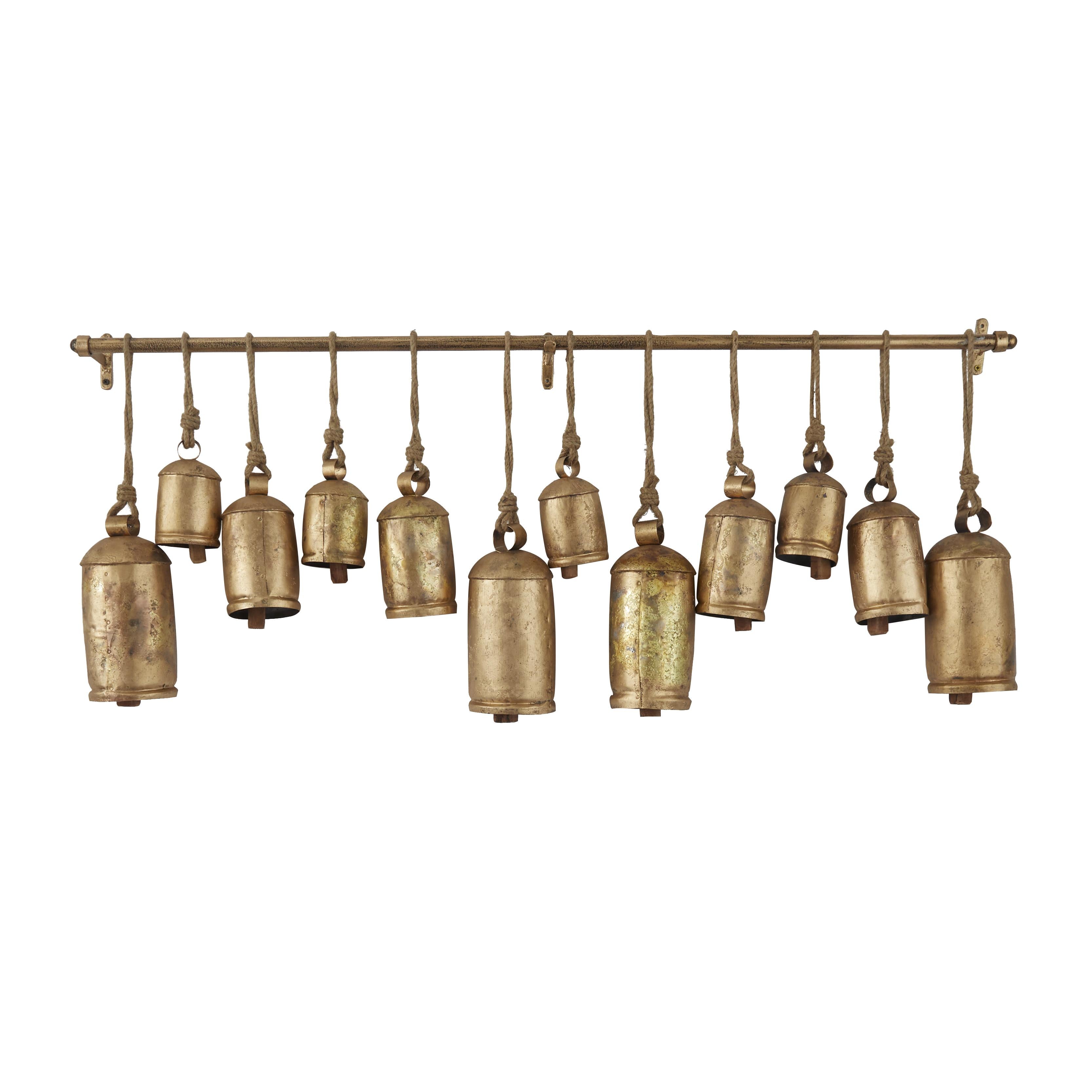 Metal Tibetan Inspired 12 Bell Indoor Outdoor Decorative Cow Bells with Hanging Ropes and Rod