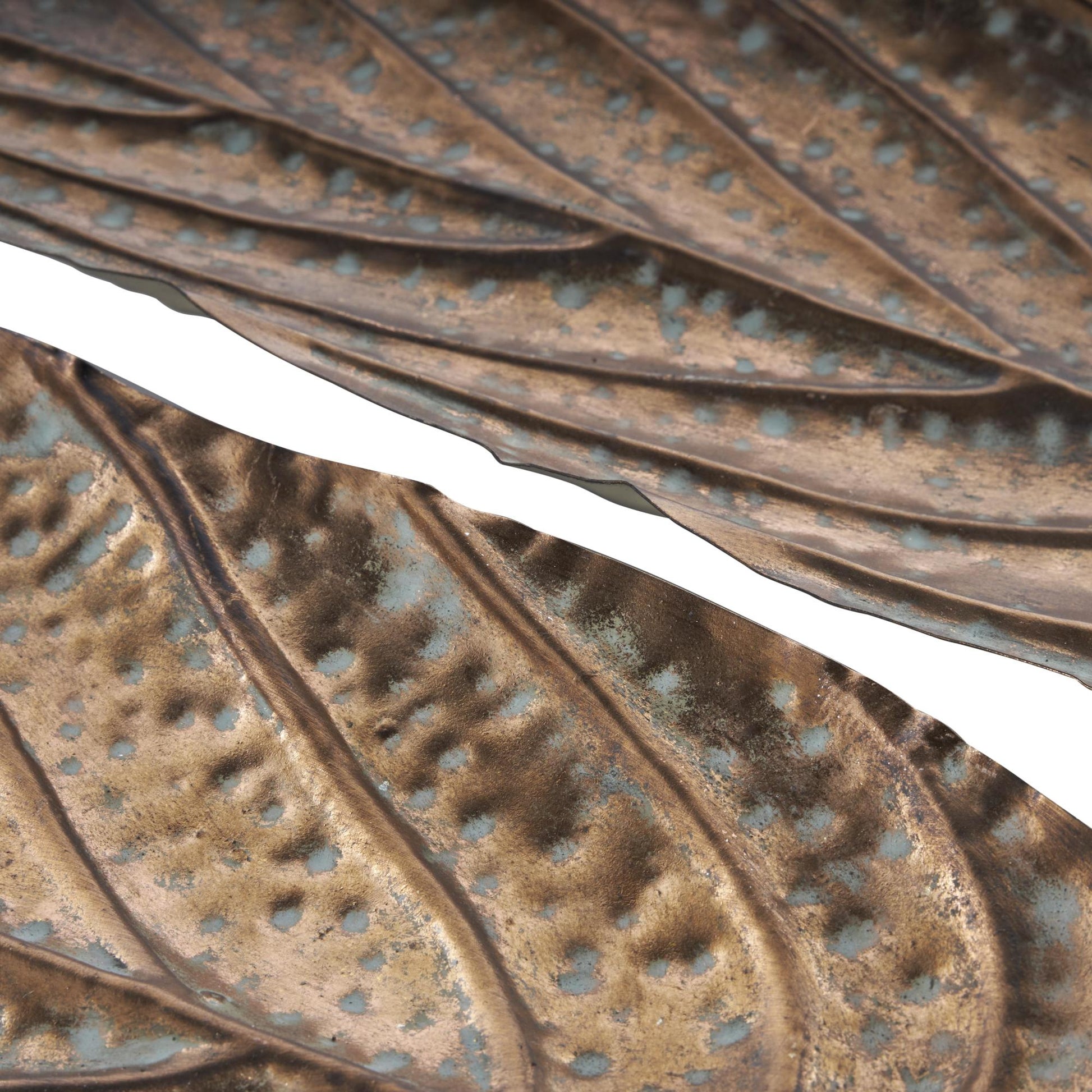 Set of 2 Leaf Copper Metal Textured Living Room Decor Tray with Patina Accents and Elevated Feet