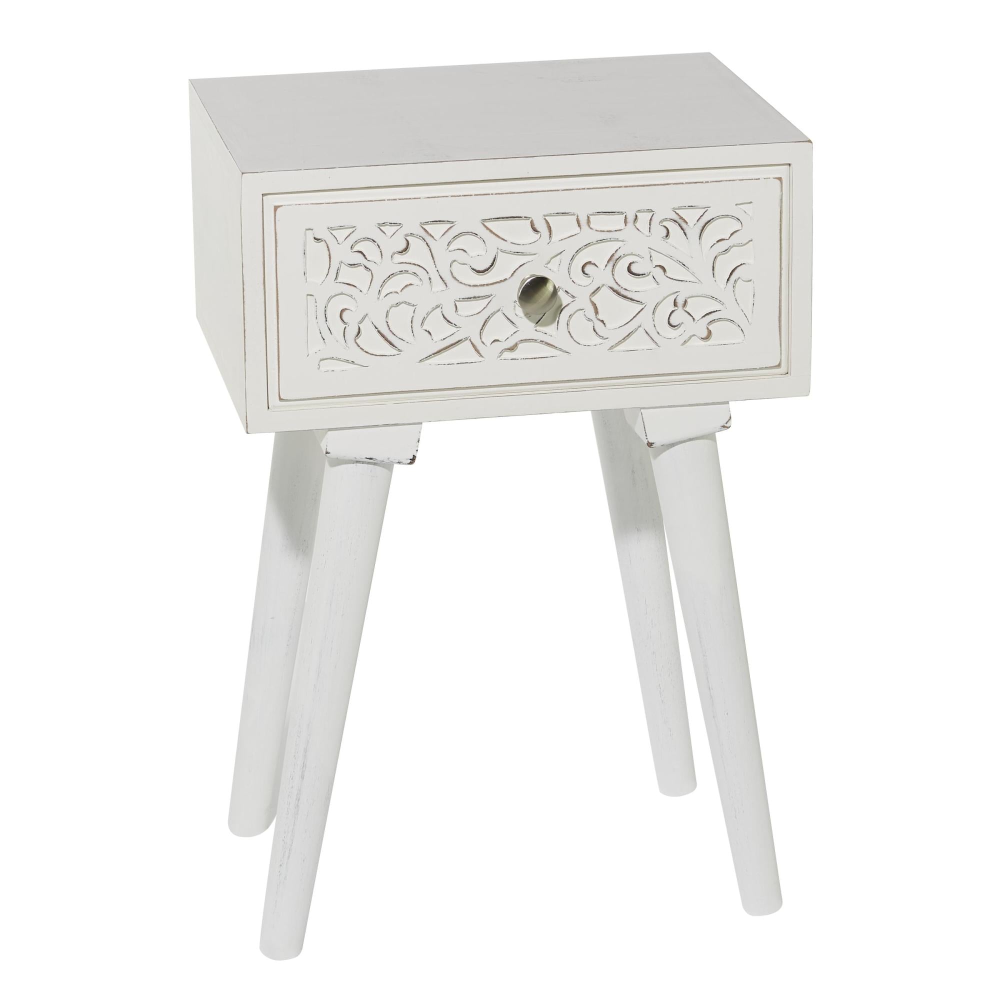 Scroll White Mango Wood Intricately Carved Single Drawer Side End Accent Table