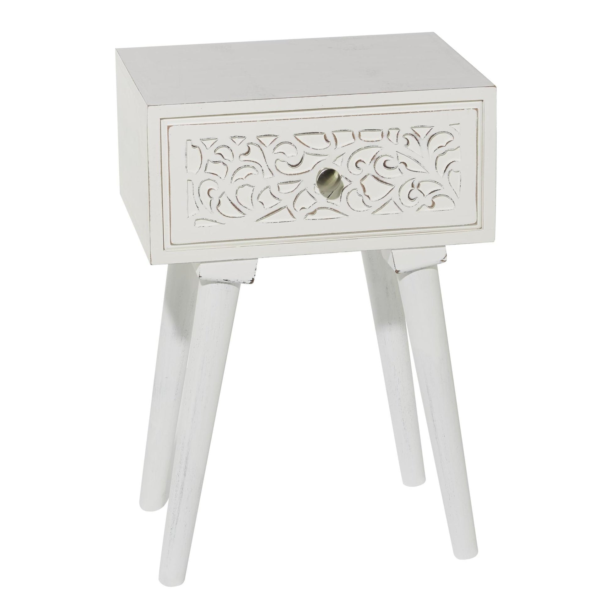 Scroll White Mango Wood Intricately Carved Single Drawer Side End Accent Table