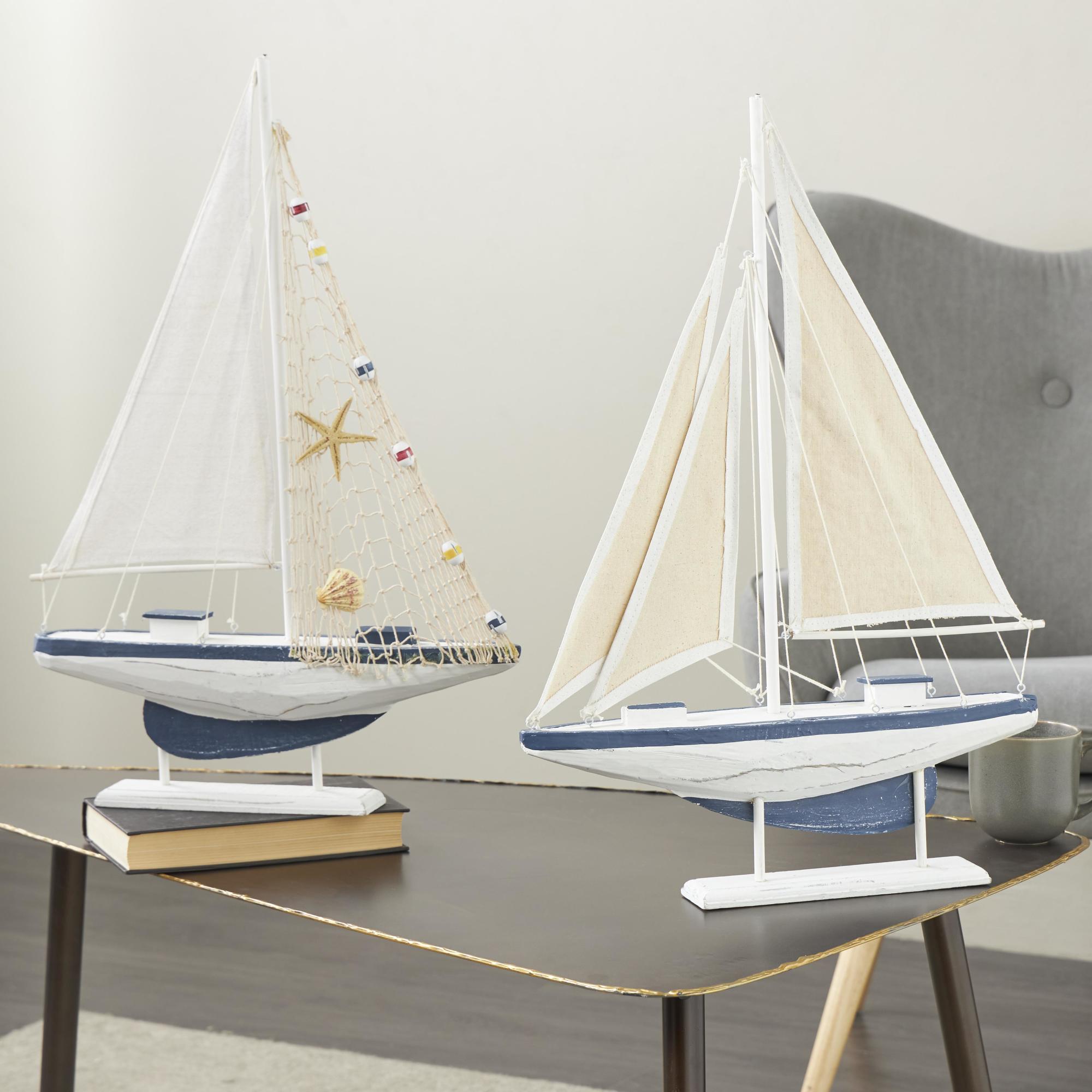 Set of 2 Sail Boat White Wood Handmade Decorative Sculpture