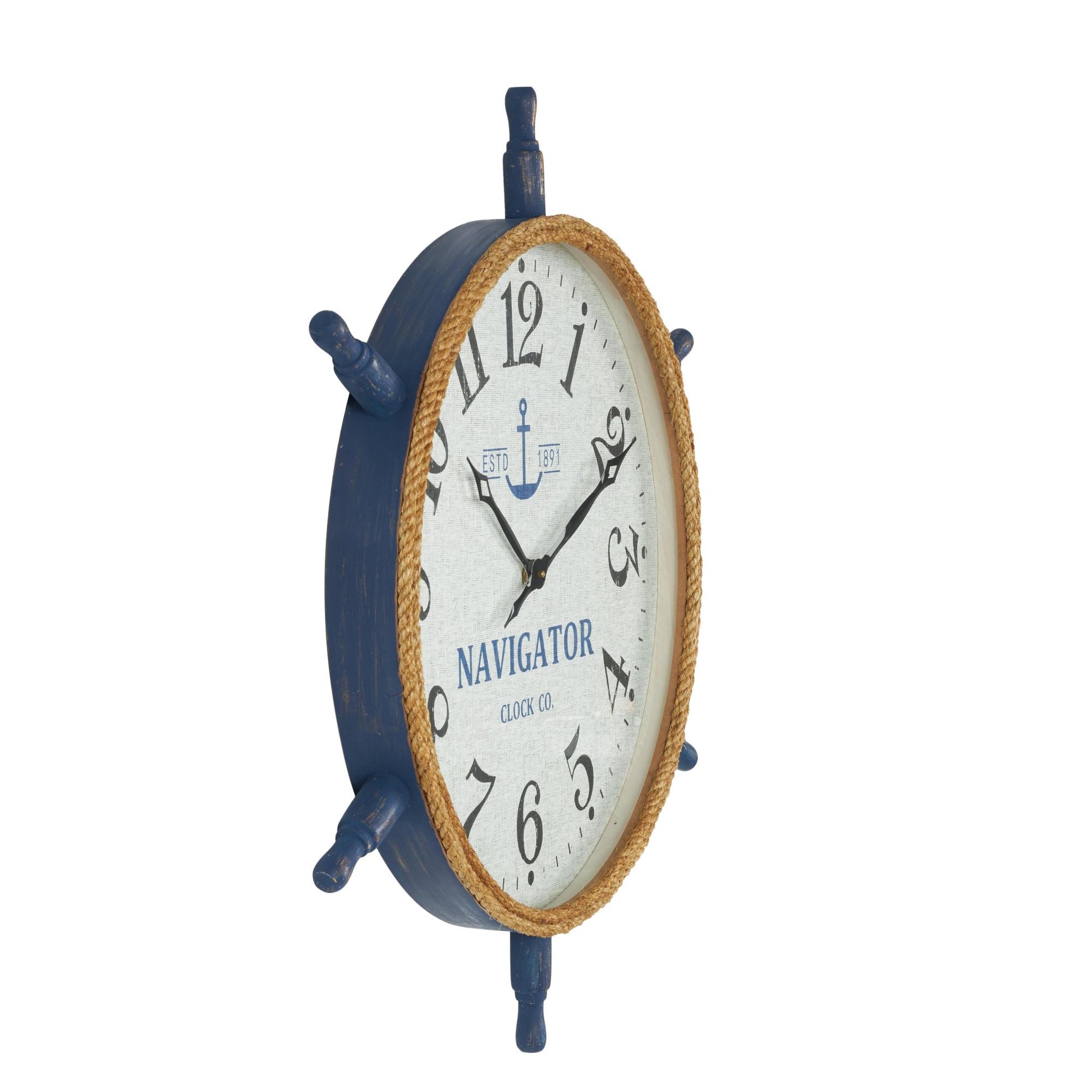Ship Wheel White Wood Decorative Wall Clock with Brown Rope Frame and Blue Spokes