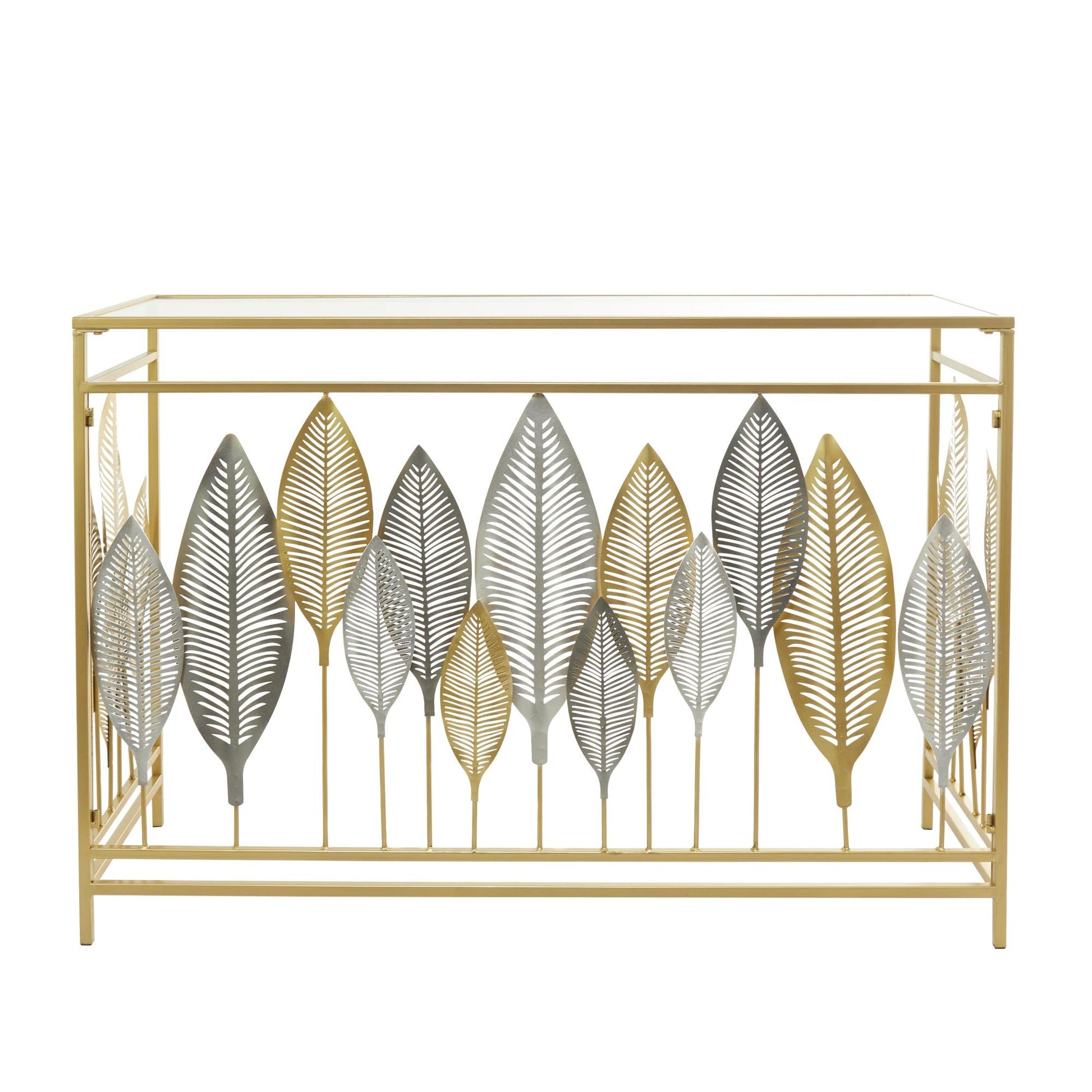 Leaf Metal Rectangular Living Room Console Table with Mirrored Glass Top and Gold Accents