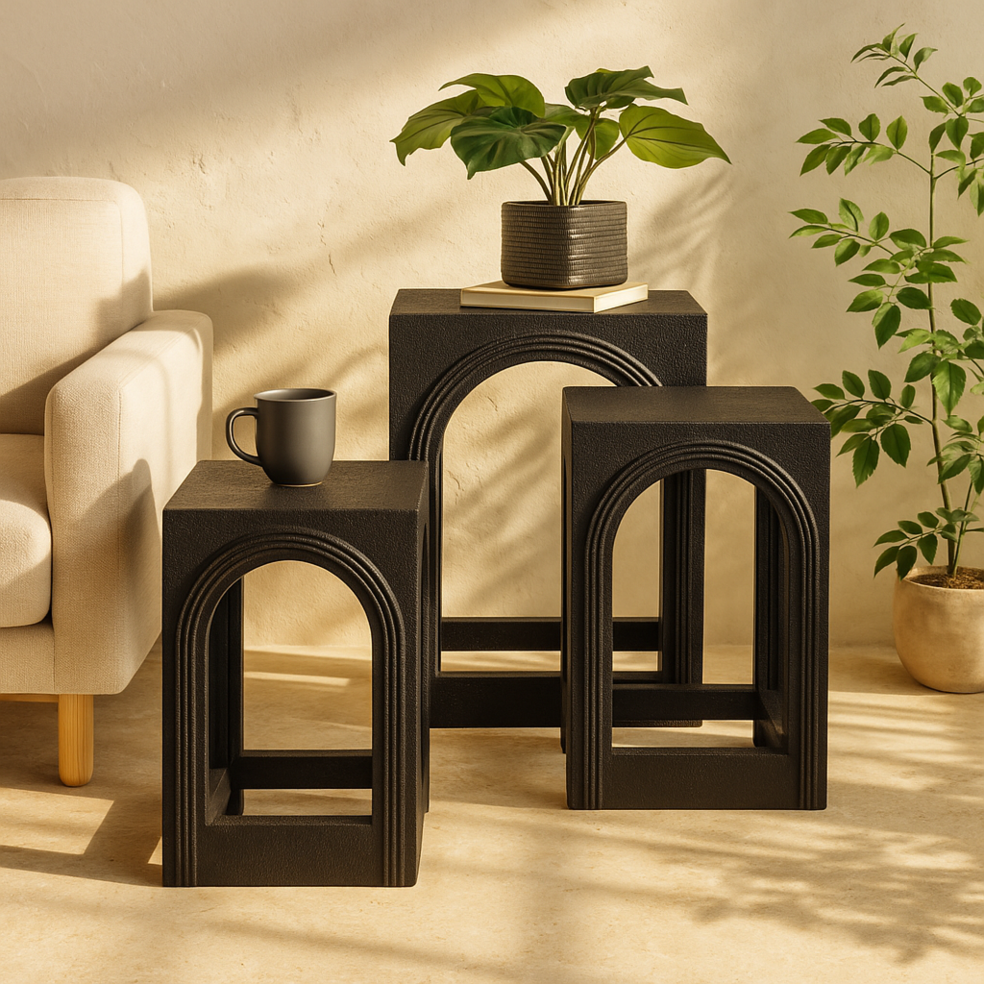 Set of 3 Black Metal Nested Side End Accent Table with Arched Cutouts