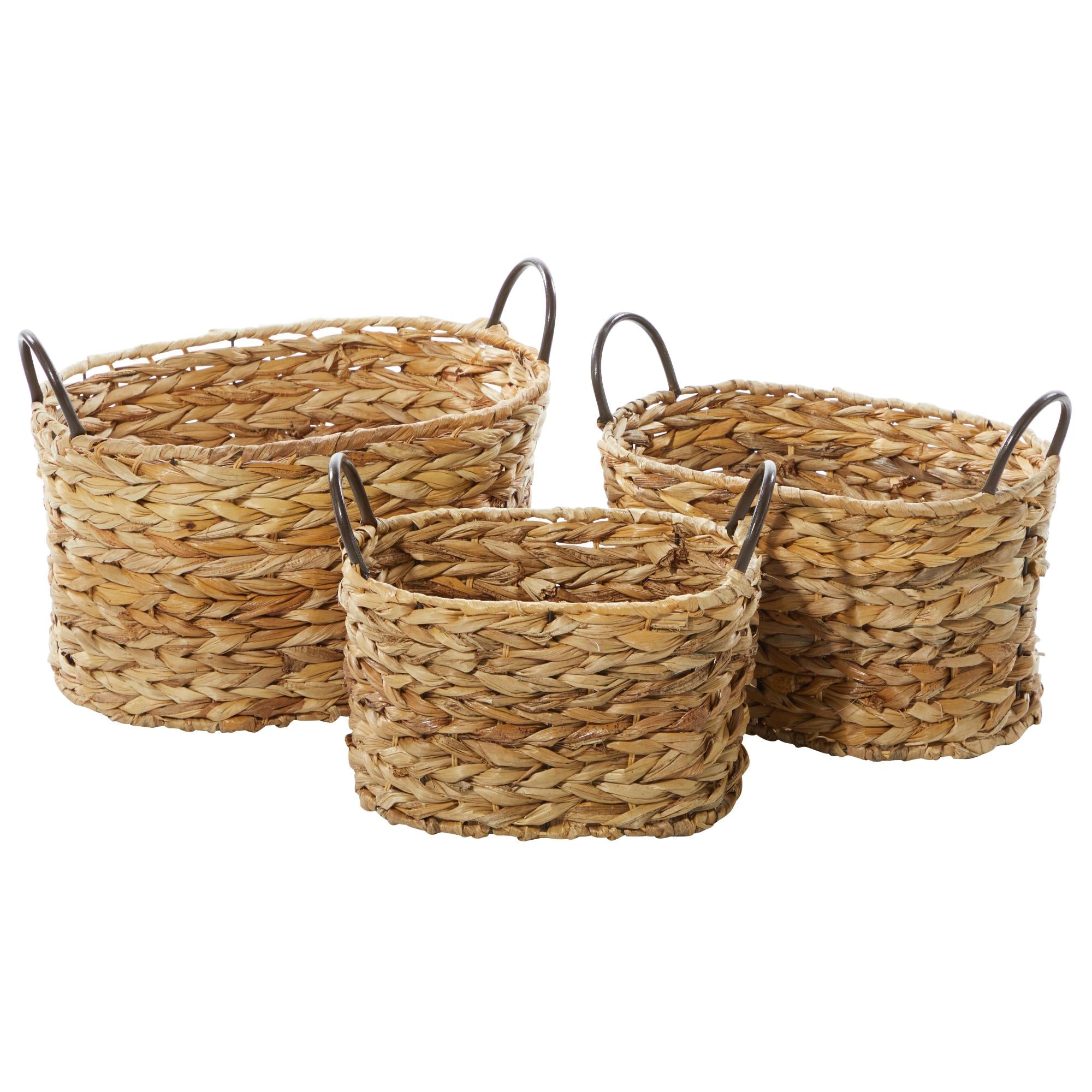 Set of 3 Brown Metal Handmade Decorative and Functional Storage Basket with Metal Handles