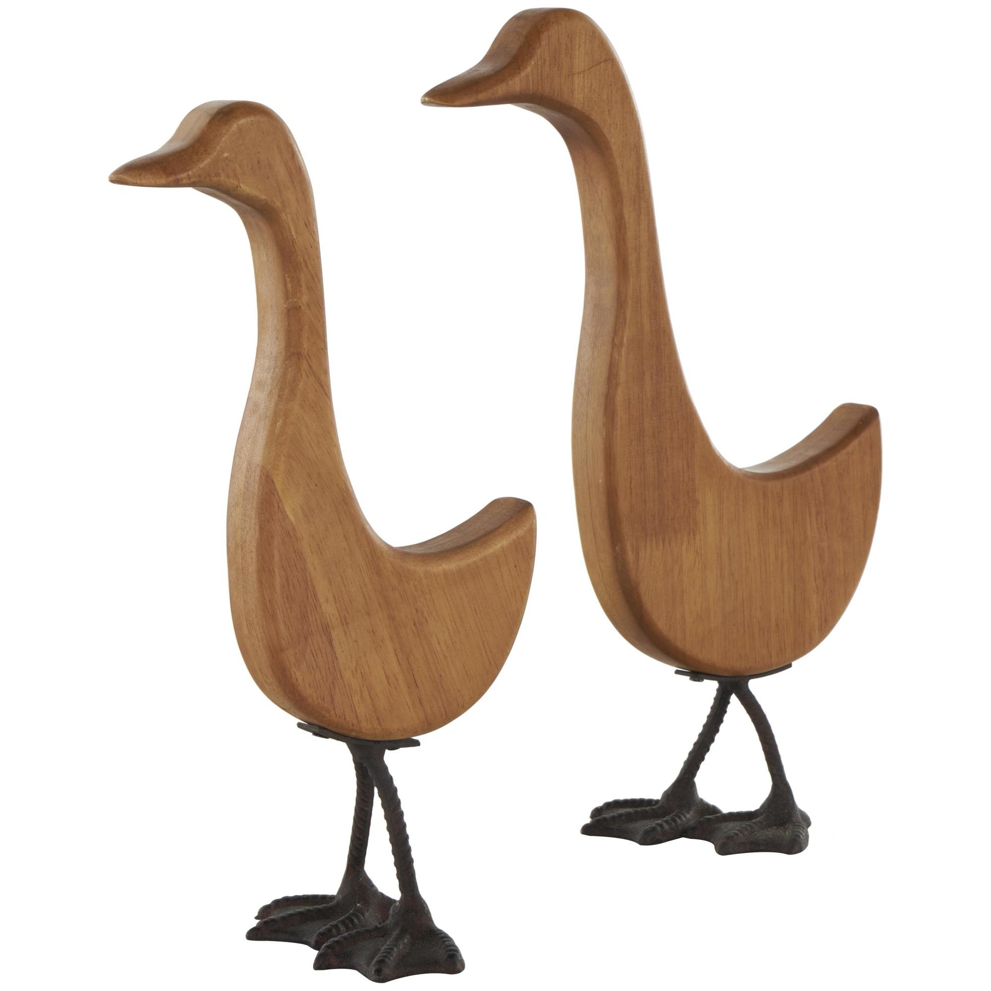 Set of 2 Duck Brown Wood Abstract Decorative Garden Sculpture with Black Metal Feet